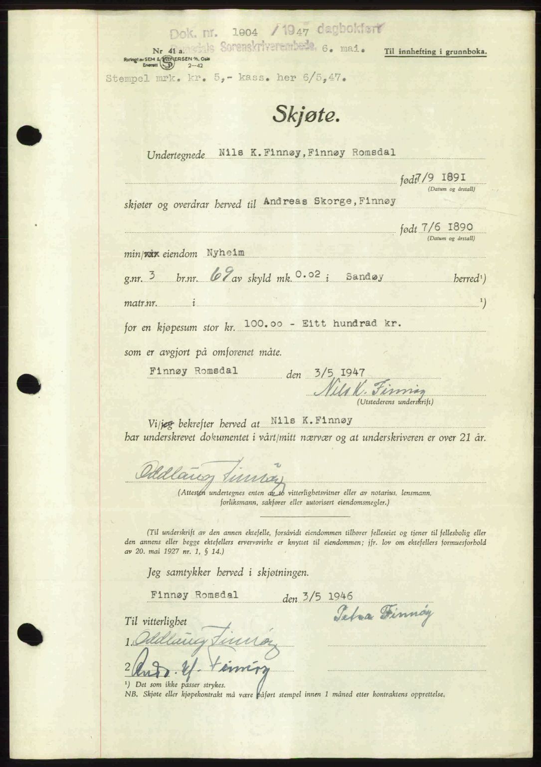 Romsdal sorenskriveri, SAT/A-4149/1/2/2C: Mortgage book no. A22, 1947-1947, Diary no: : 1004/1947