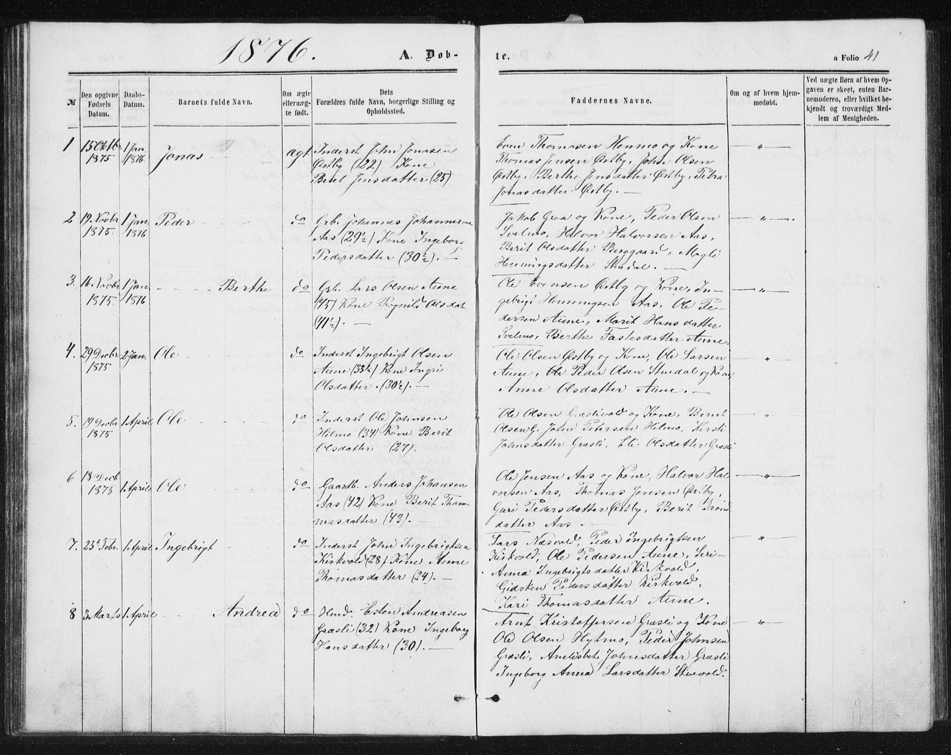 Ministerialprotokoller, klokkerbøker og fødselsregistre - Sør-Trøndelag, SAT/A-1456/698/L1166: Parish register (copy) no. 698C03, 1861-1887, p. 41