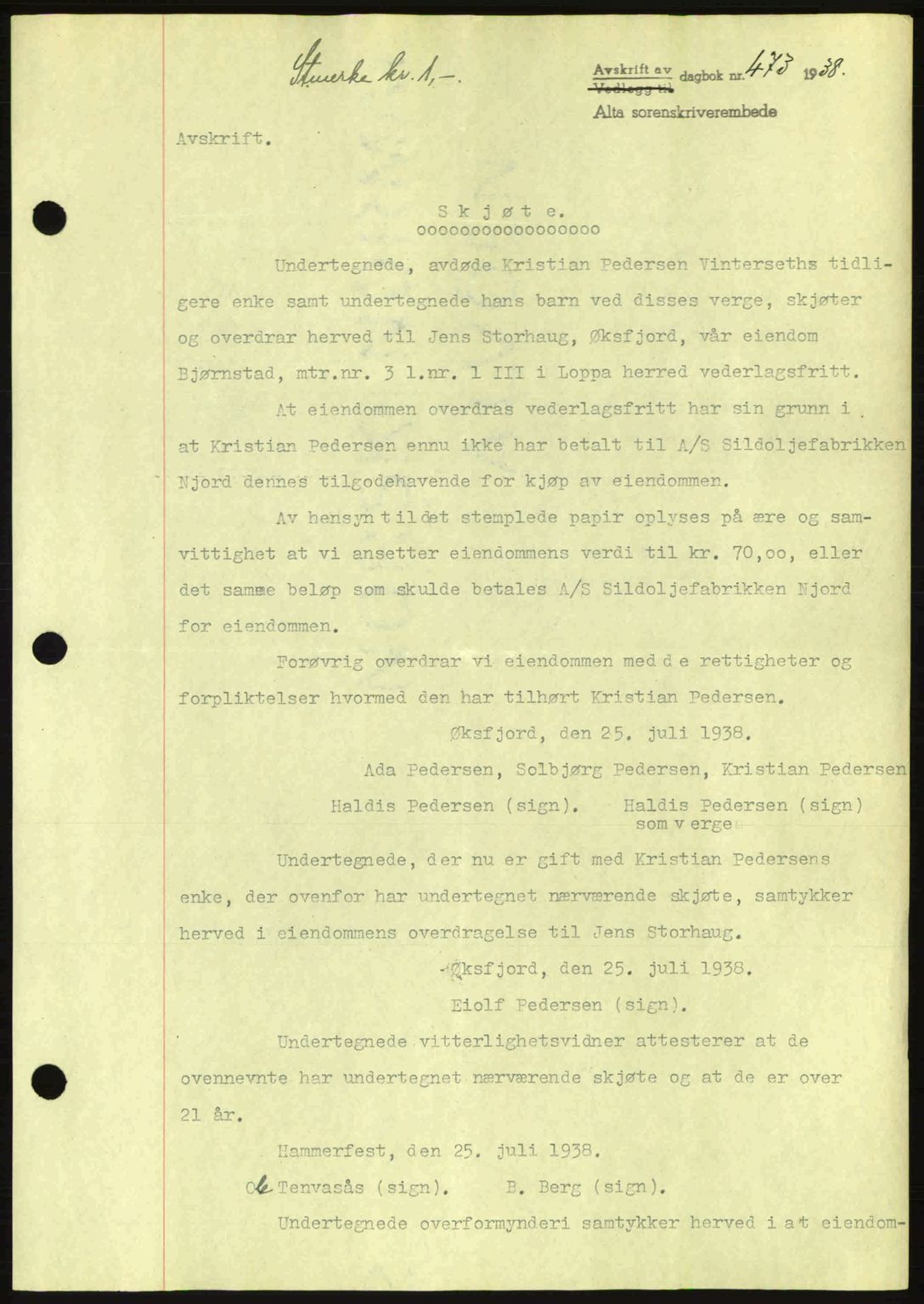 Alta fogderi/sorenskriveri, SATØ/SATØ-5/1/K/Kd/L0031pantebok: Mortgage book no. 31, 1938-1939, Diary no: : 473/1938