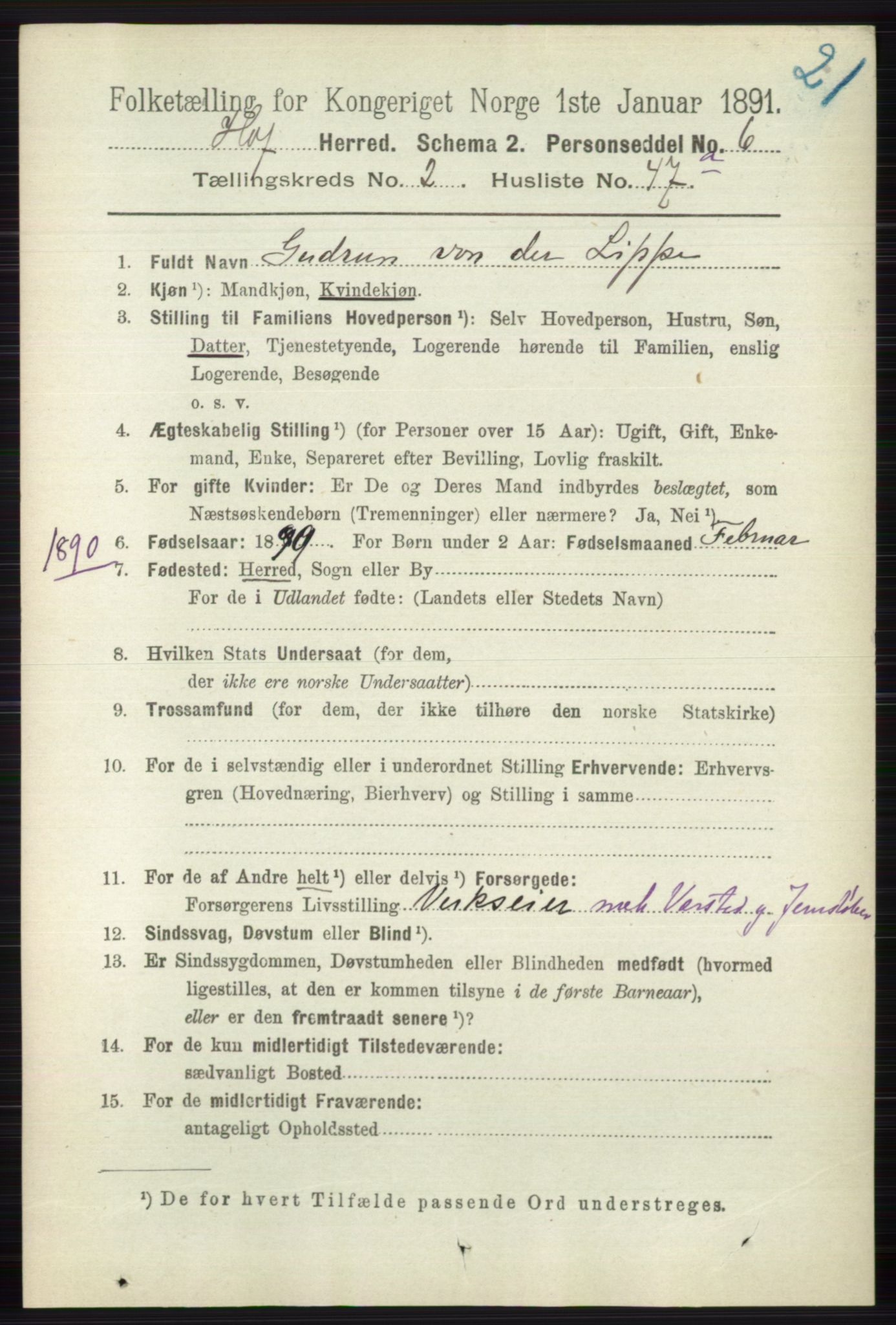 RA, 1891 census for 0714 Hof, 1891, p. 836