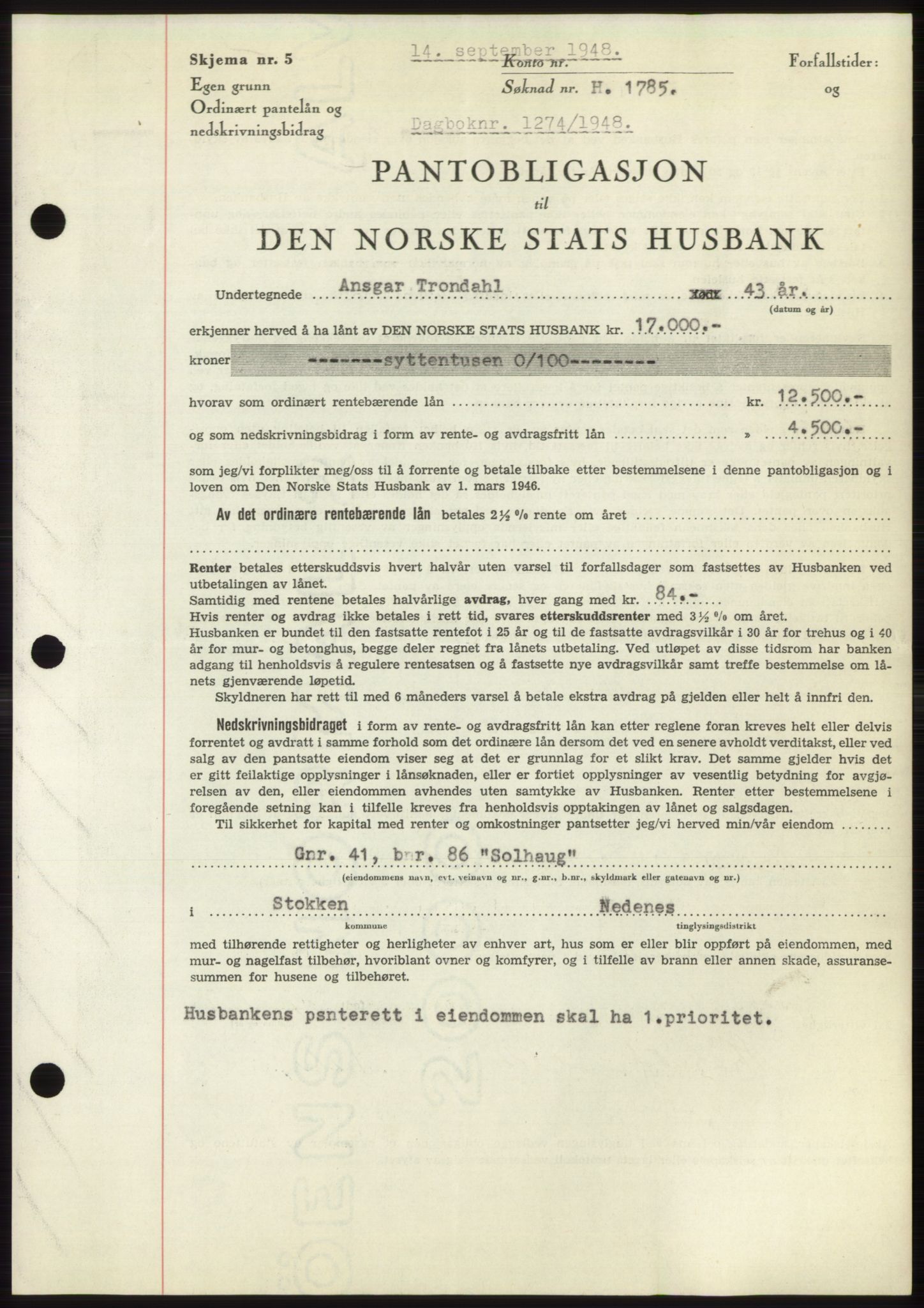 Nedenes sorenskriveri, AV/SAK-1221-0006/G/Gb/Gbb/L0005: Mortgage book no. B5, 1948-1948, Diary no: : 1274/1948