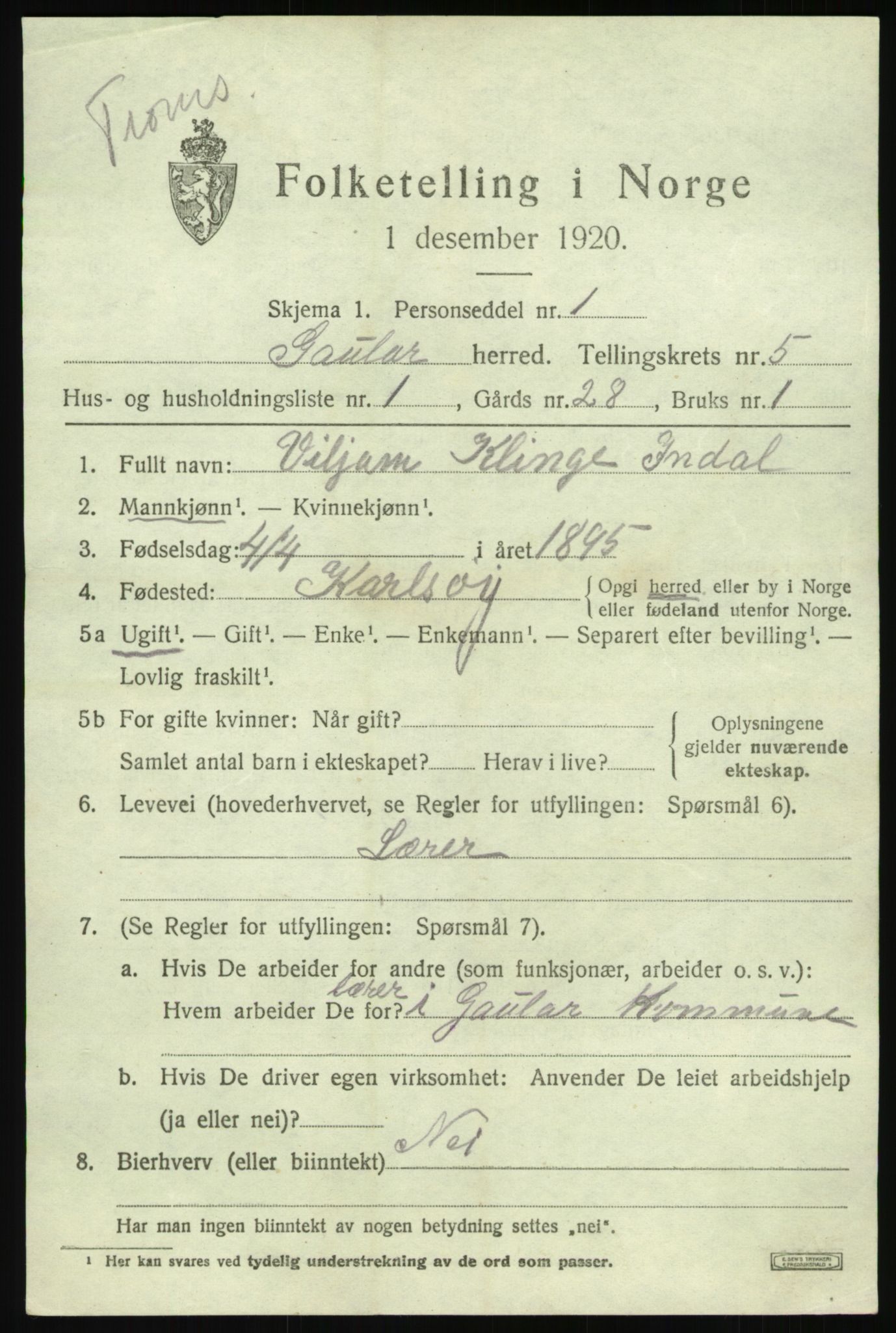 SAB, 1920 census for Gaular, 1920, p. 2518