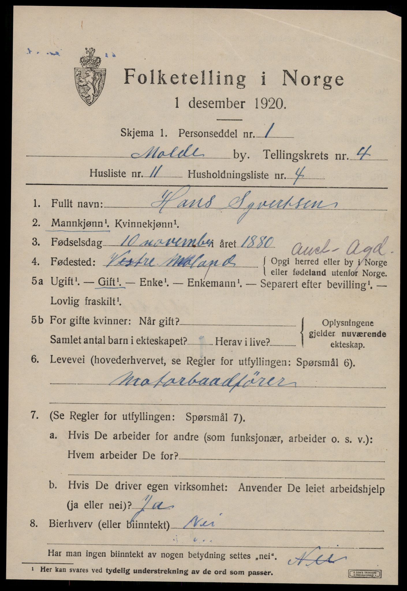 SAT, 1920 census for Molde, 1920, p. 5377