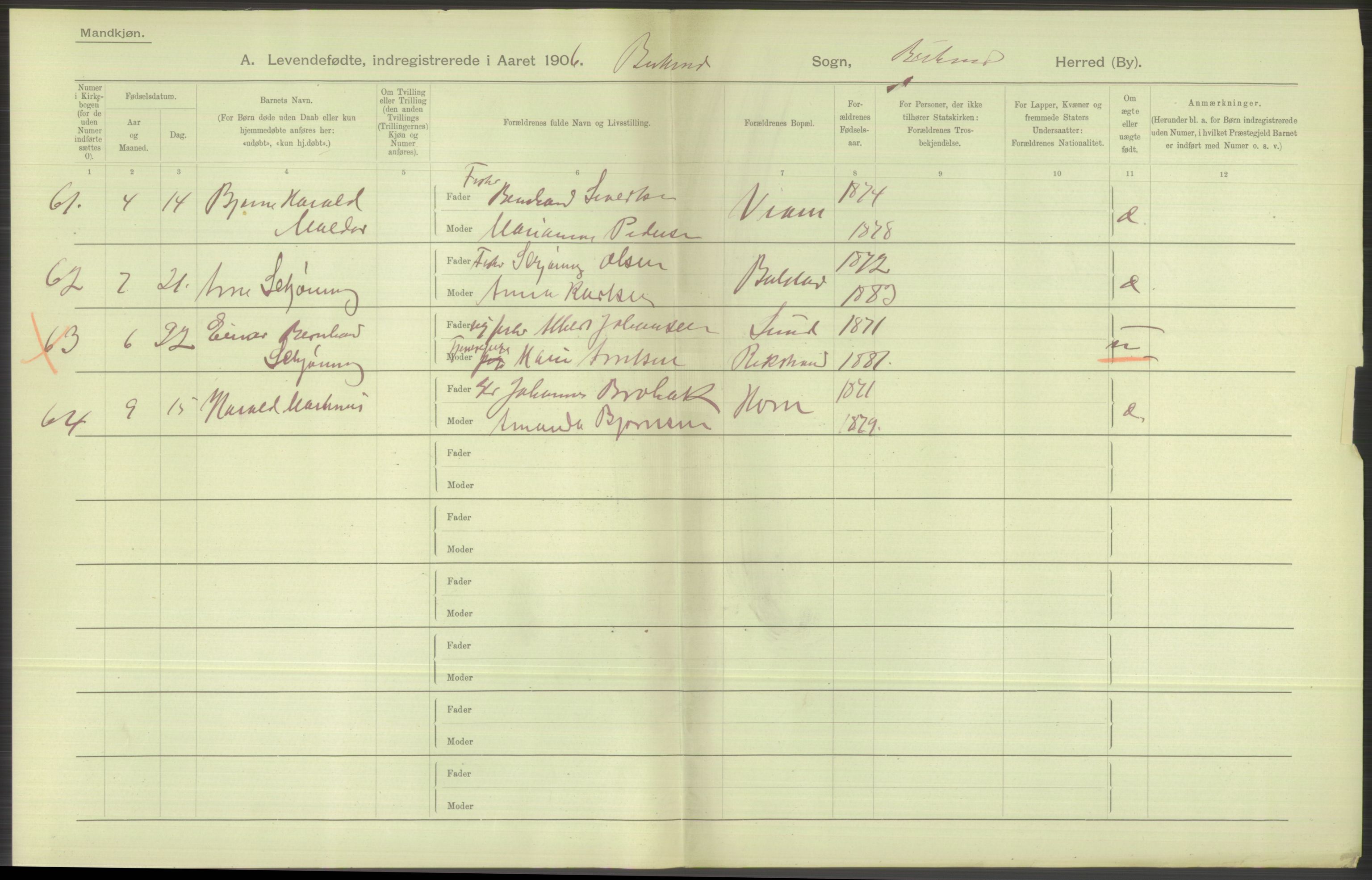 Statistisk sentralbyrå, Sosiodemografiske emner, Befolkning, AV/RA-S-2228/D/Df/Dfa/Dfad/L0044: Nordlands amt: Levendefødte menn og kvinner. Bygder., 1906, p. 8