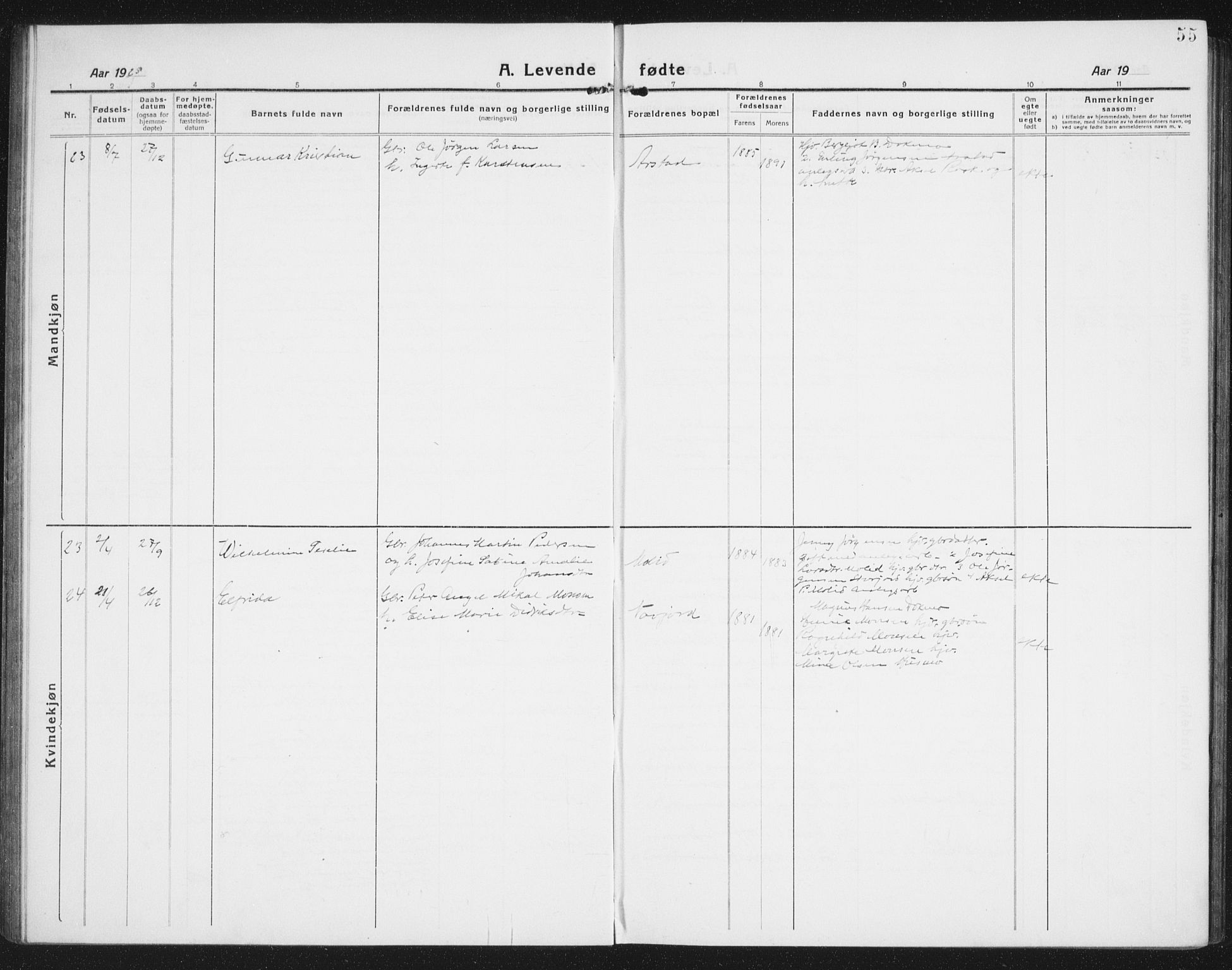 Ministerialprotokoller, klokkerbøker og fødselsregistre - Nordland, AV/SAT-A-1459/846/L0656: Parish register (copy) no. 846C06, 1917-1936, p. 55