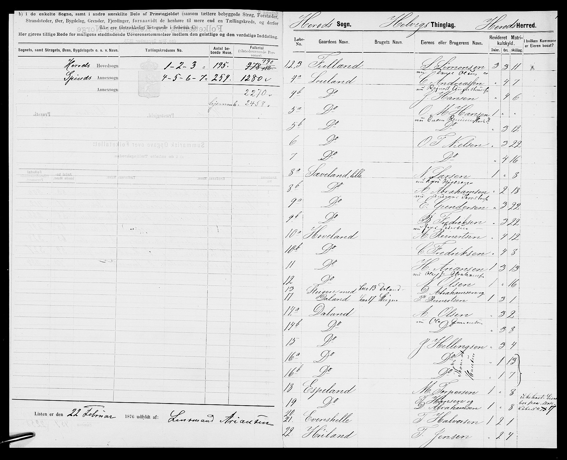 SAK, 1875 census for 1039P Herad, 1875, p. 3