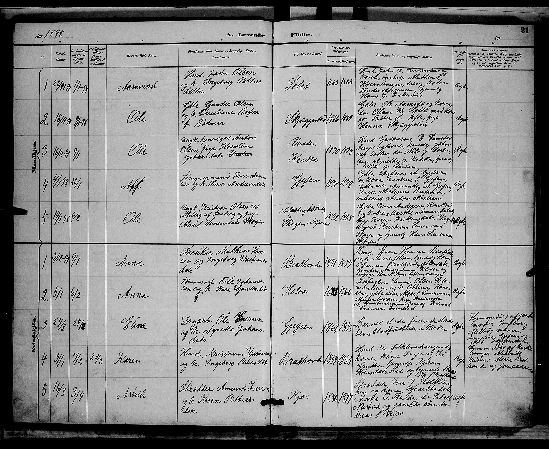 Østre Gausdal prestekontor, SAH/PREST-092/H/Ha/Hab/L0002: Parish register (copy) no. 2, 1894-1904, p. 21