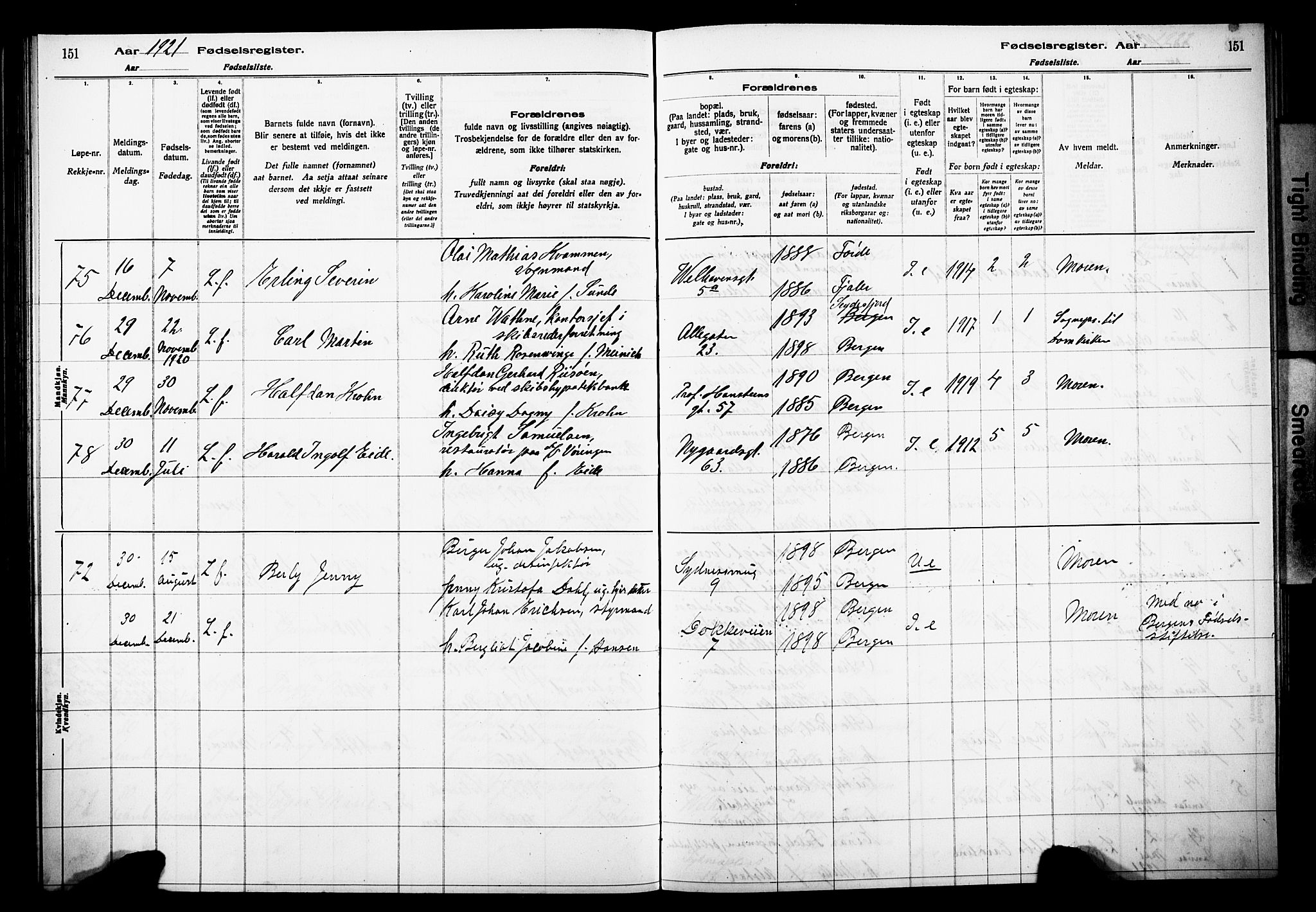 Johanneskirken sokneprestembete, AV/SAB-A-76001/I/Id/L00A1: Birth register no. A 1, 1916-1924, p. 151