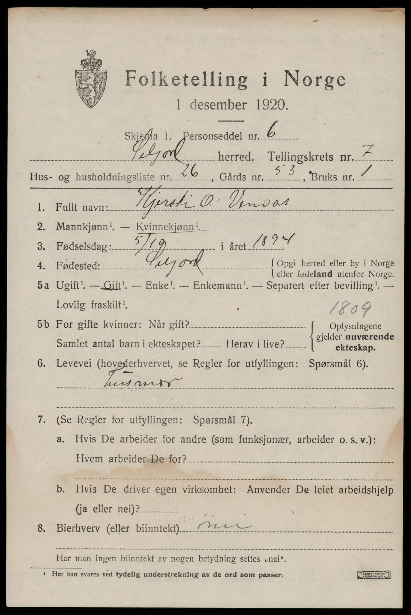 SAKO, 1920 census for Seljord, 1920, p. 3888