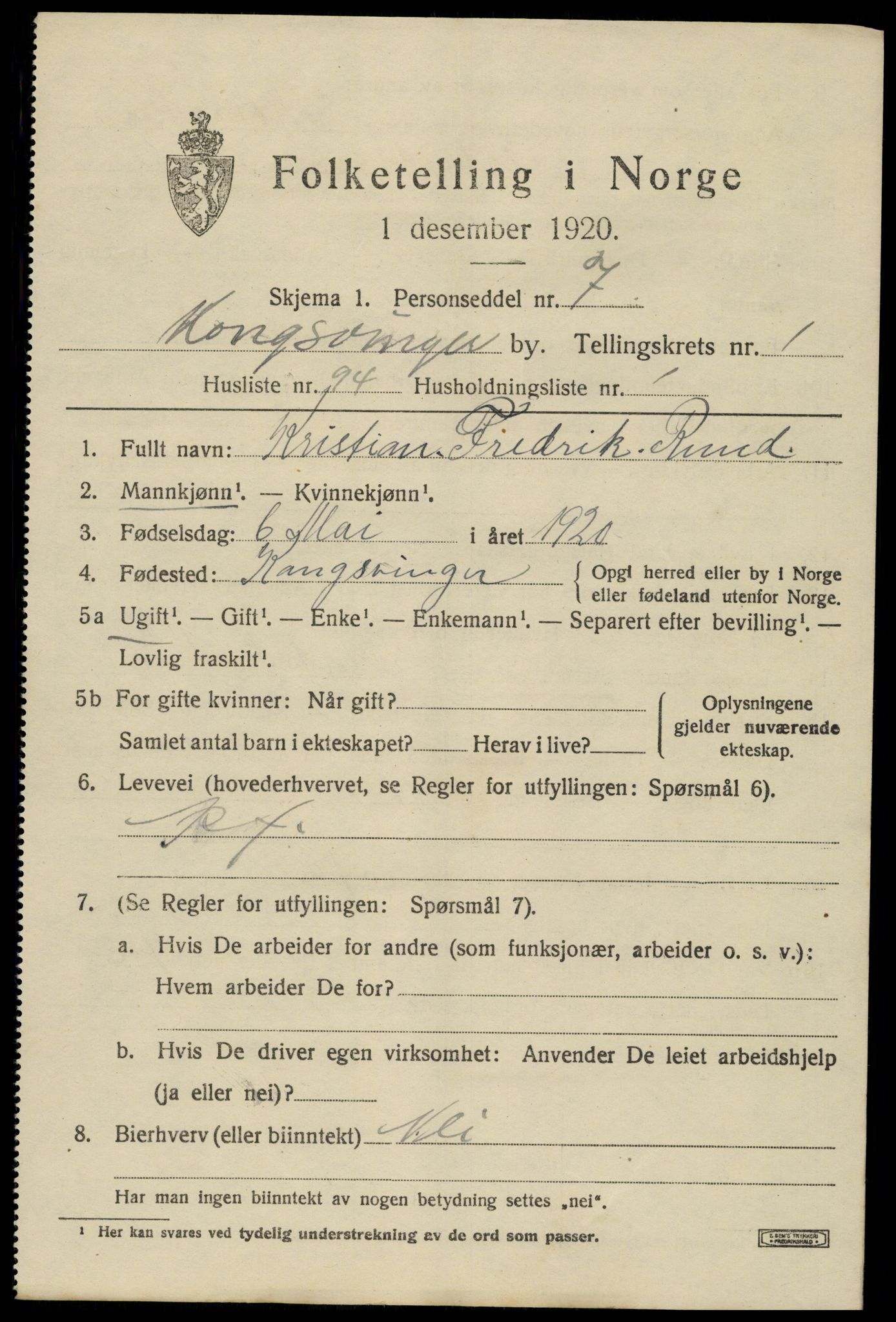 SAH, 1920 census for Kongsvinger, 1920, p. 3323