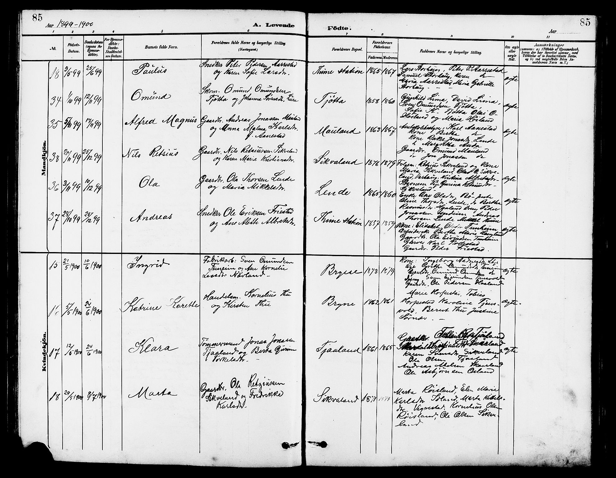 Lye sokneprestkontor, SAST/A-101794/001/30BB/L0007: Parish register (copy) no. B 8, 1889-1909, p. 85