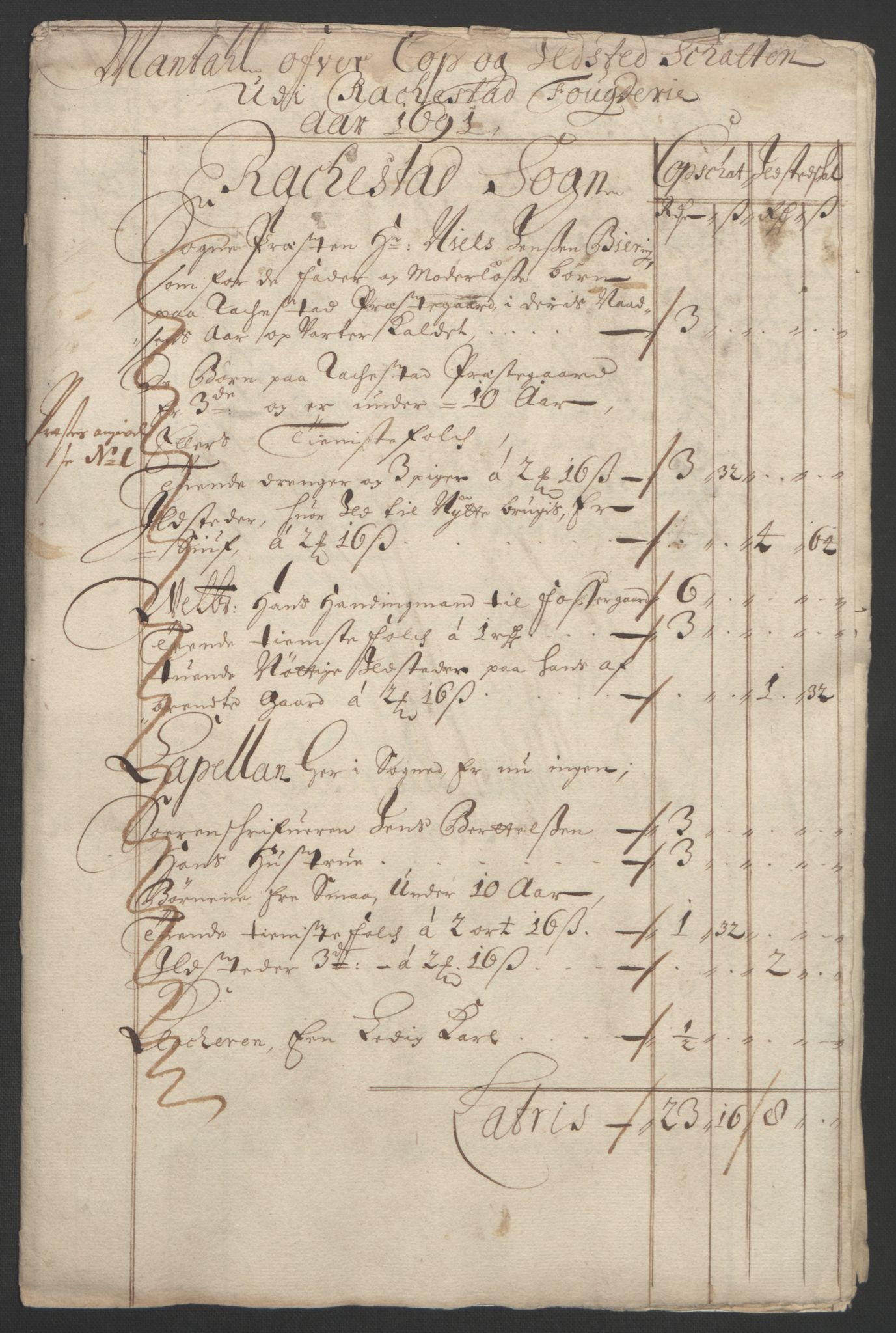 Rentekammeret inntil 1814, Reviderte regnskaper, Fogderegnskap, RA/EA-4092/R05/L0278: Fogderegnskap Rakkestad, 1691-1693, p. 94