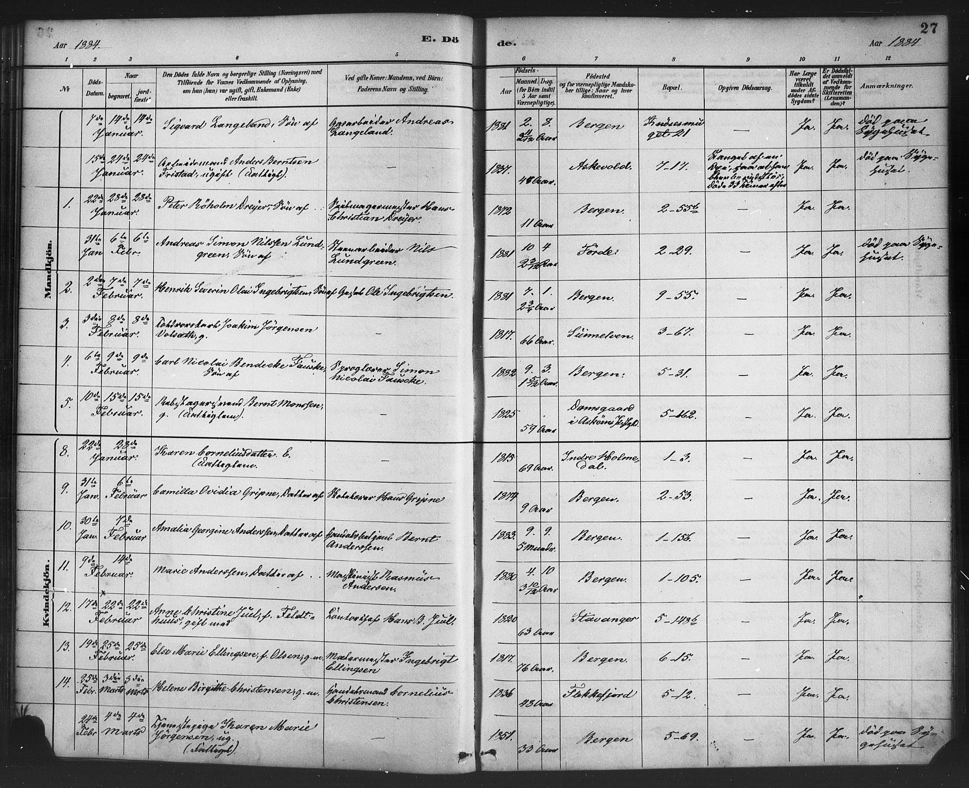 Nykirken Sokneprestembete, AV/SAB-A-77101/H/Haa/L0044: Parish register (official) no. E 4, 1882-1898, p. 27