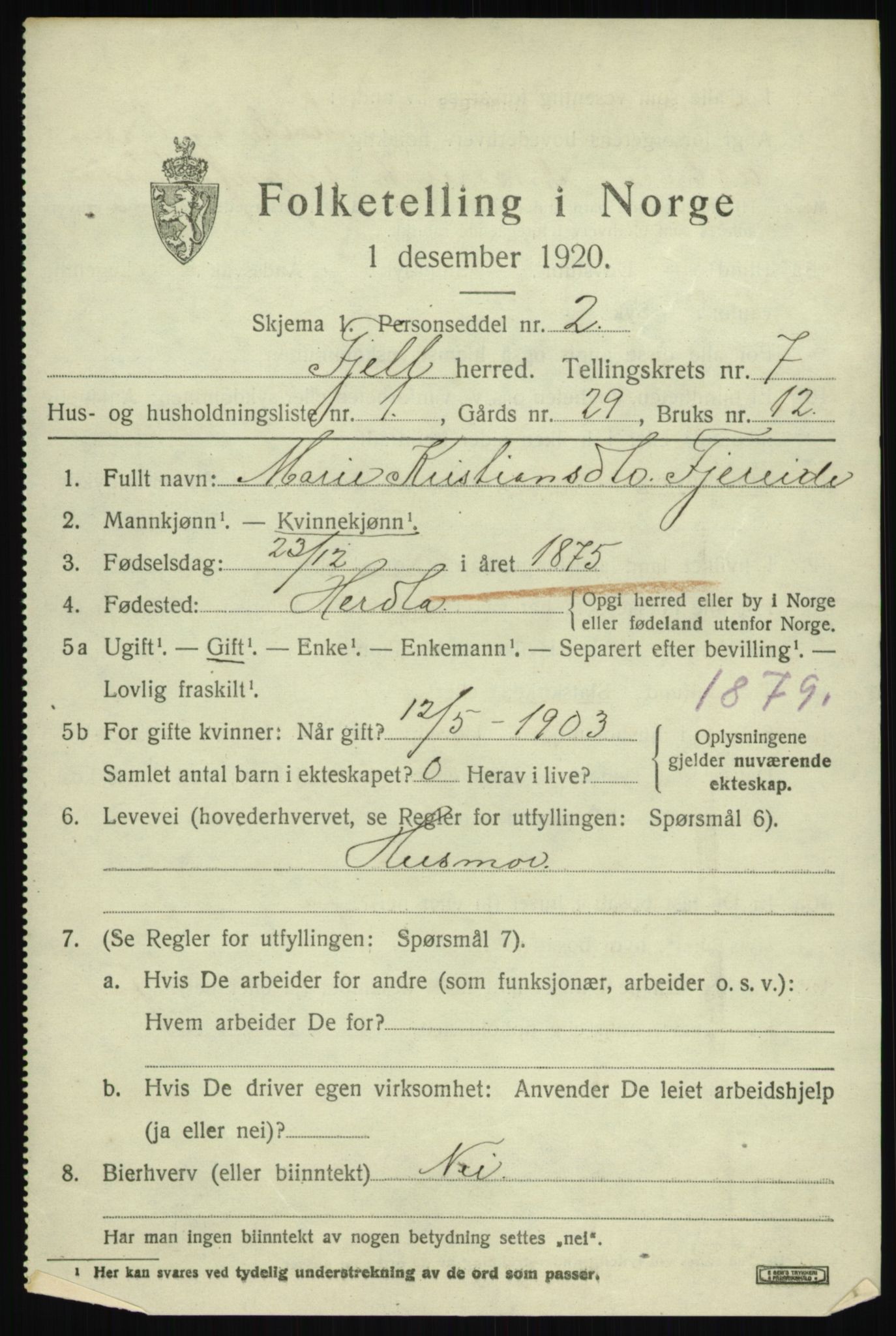 SAB, 1920 census for Fjell, 1920, p. 6408