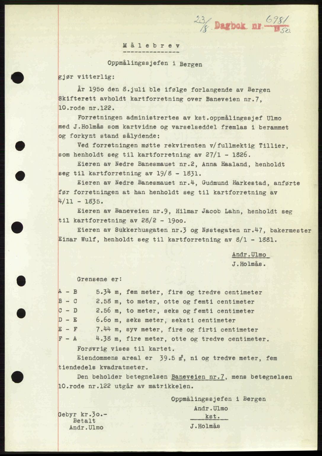 Byfogd og Byskriver i Bergen, AV/SAB-A-3401/03/03Bc/L0033: Mortgage book no. A26-27, 1950-1950, Diary no: : 6981/1950