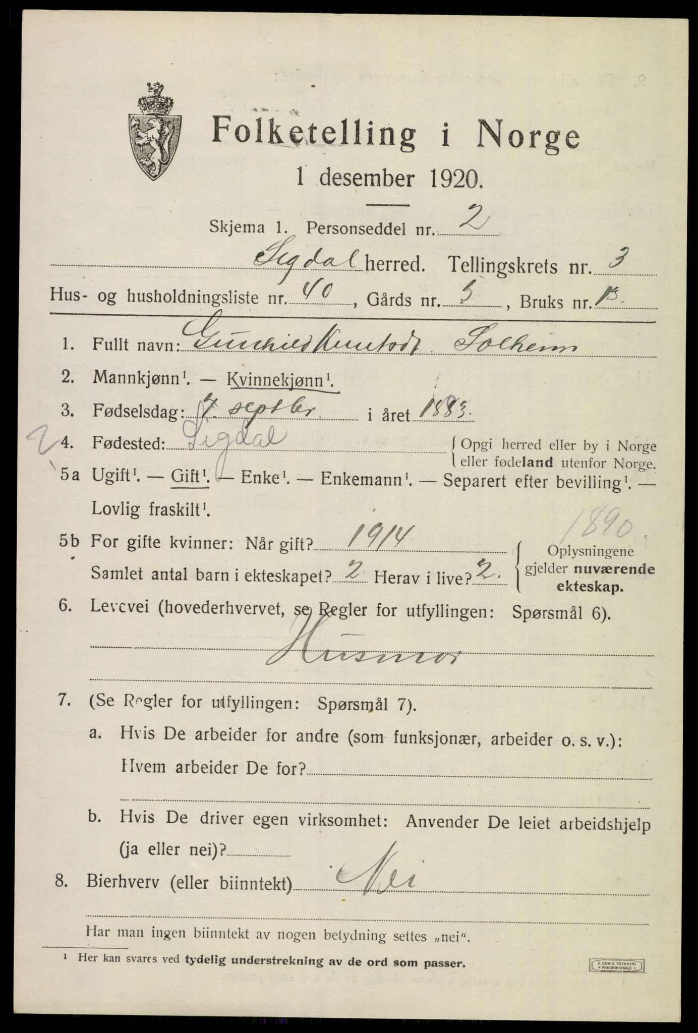 SAKO, 1920 census for Sigdal, 1920, p. 3146