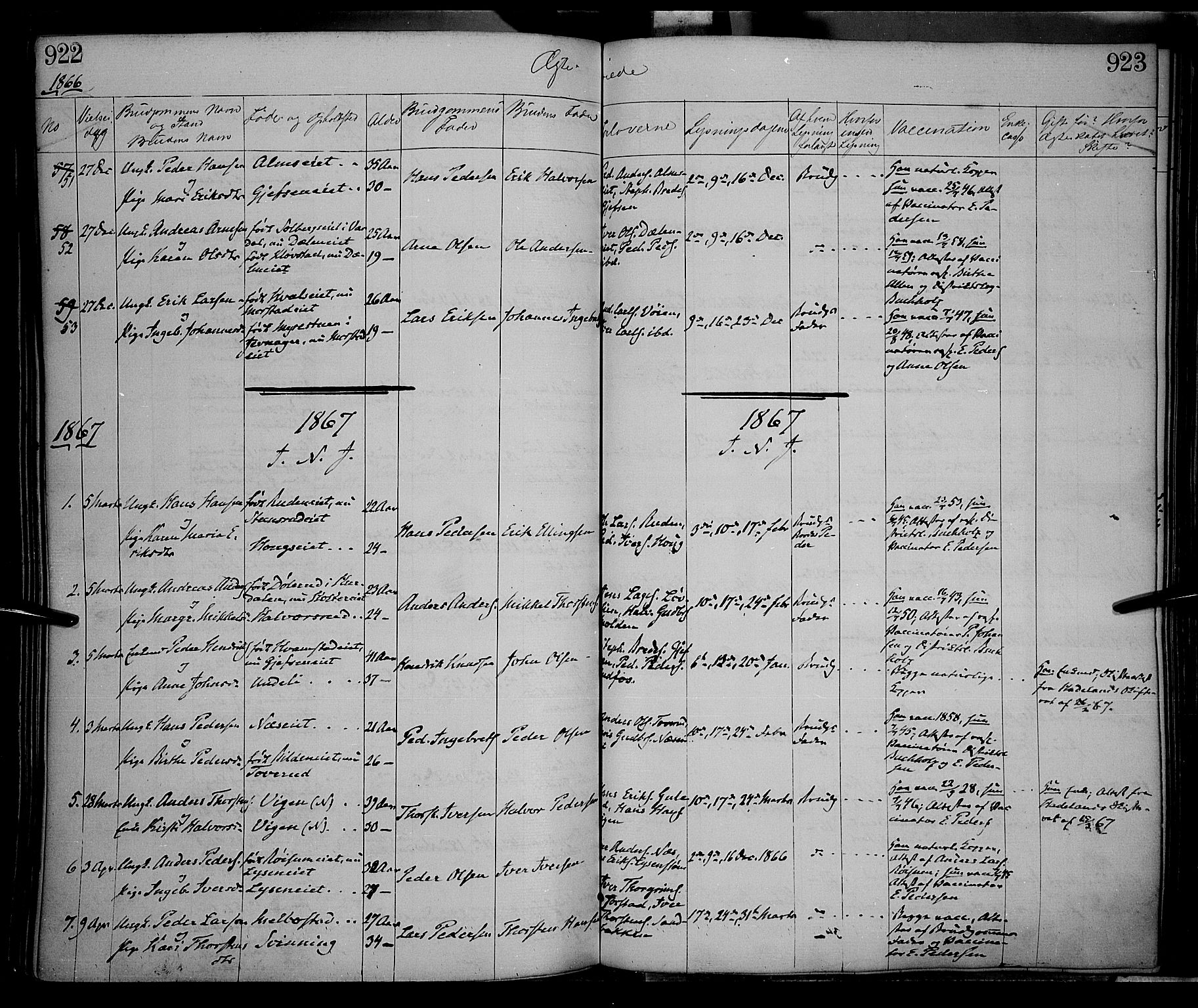 Gran prestekontor, AV/SAH-PREST-112/H/Ha/Haa/L0012: Parish register (official) no. 12, 1856-1874, p. 922-923