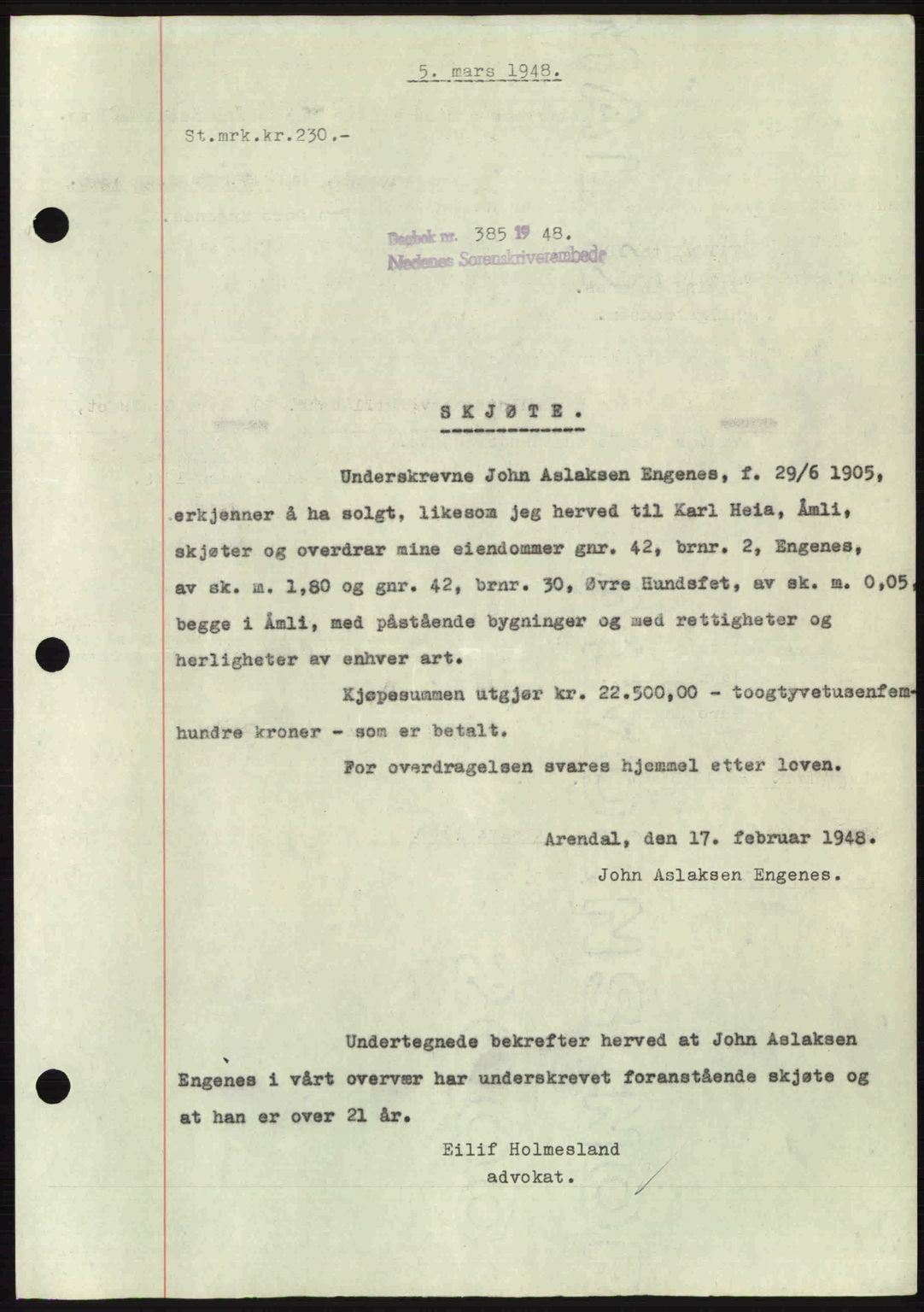 Nedenes sorenskriveri, SAK/1221-0006/G/Gb/Gba/L0059: Mortgage book no. A11, 1948-1948, Diary no: : 385/1948