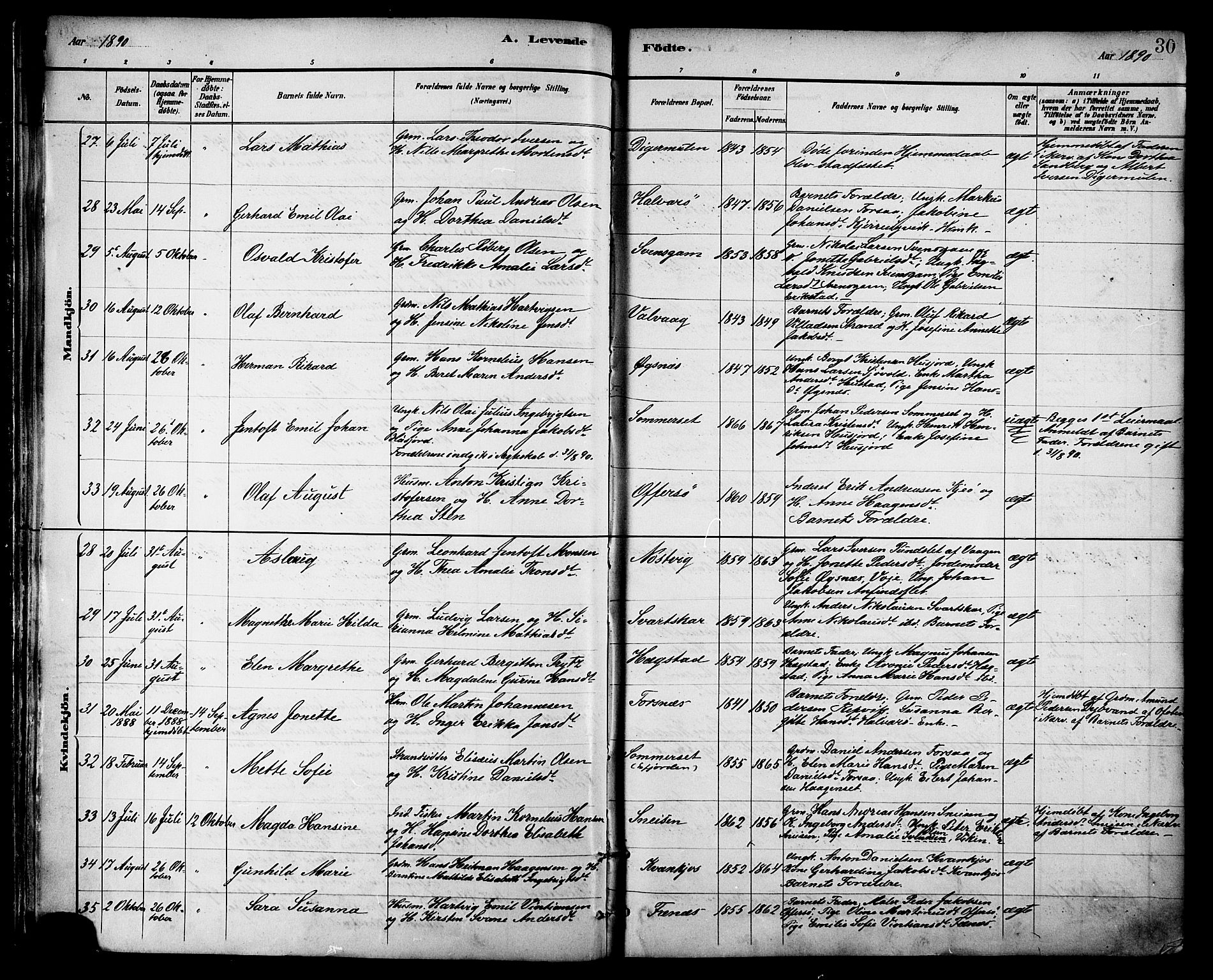 Ministerialprotokoller, klokkerbøker og fødselsregistre - Nordland, AV/SAT-A-1459/872/L1035: Parish register (official) no. 872A10, 1884-1896, p. 30