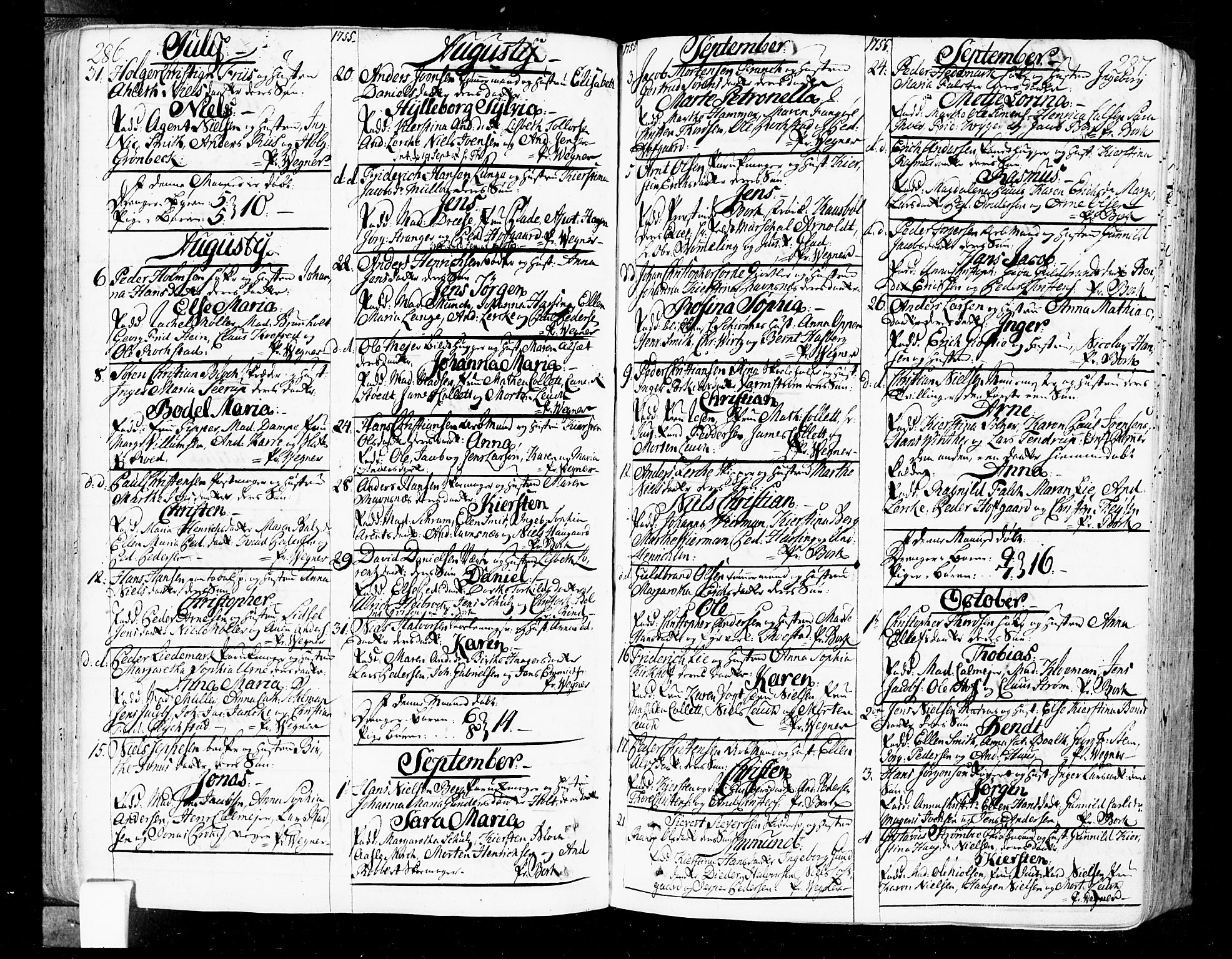 Oslo domkirke Kirkebøker, SAO/A-10752/F/Fa/L0004: Parish register (official) no. 4, 1743-1786, p. 286-287