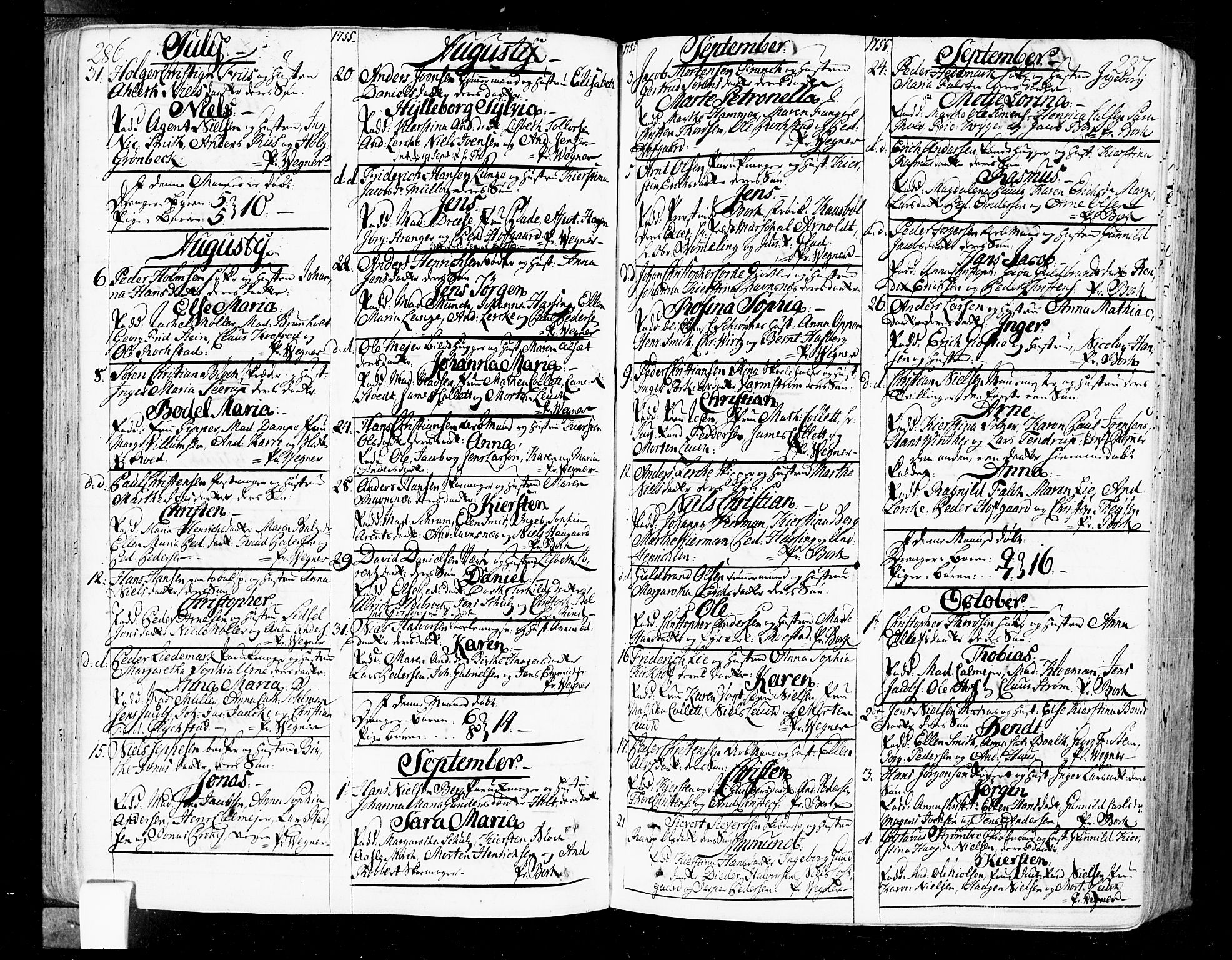 Oslo domkirke Kirkebøker, AV/SAO-A-10752/F/Fa/L0004: Parish register (official) no. 4, 1743-1786, p. 286-287
