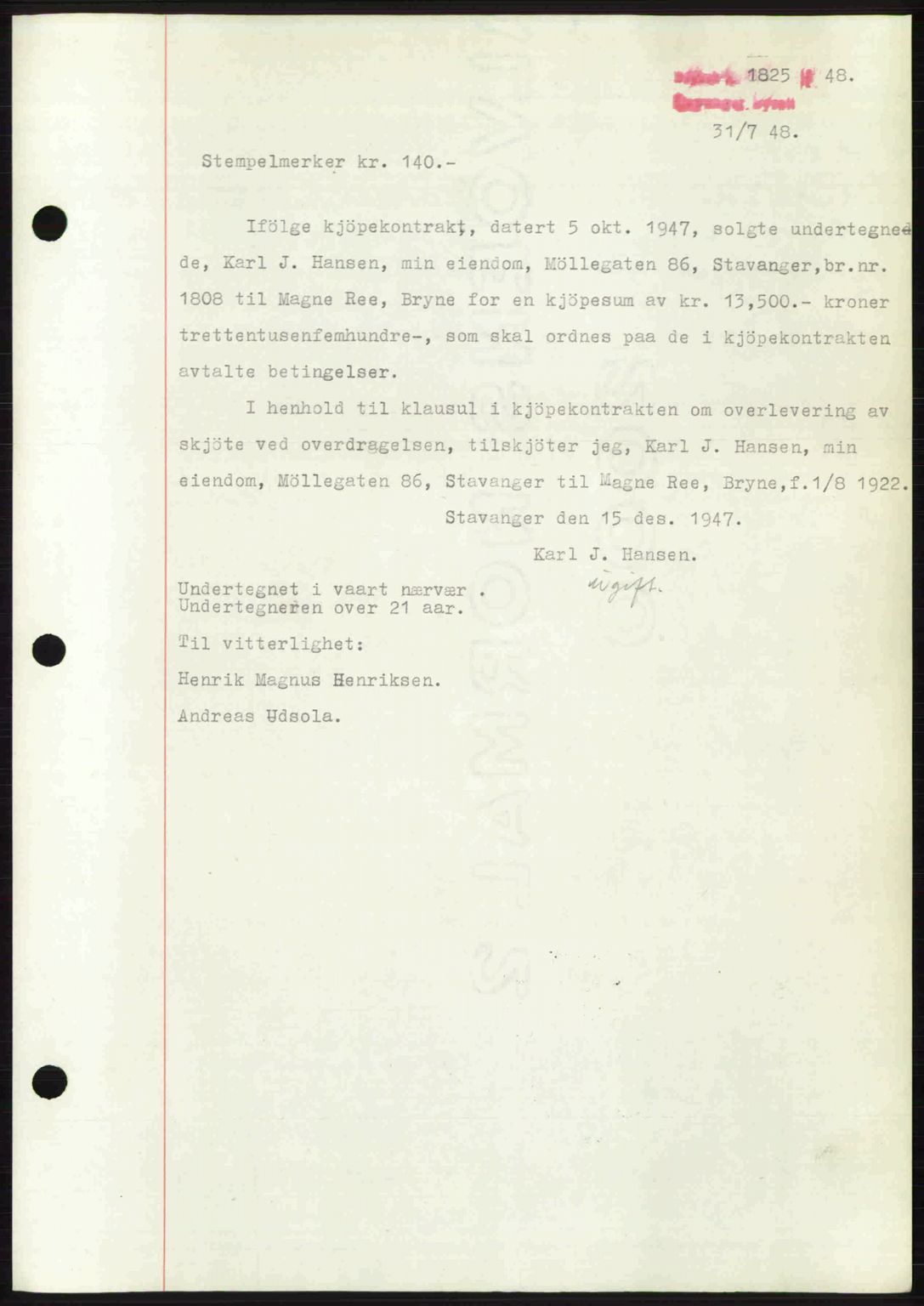 Stavanger byrett, SAST/A-100455/002/G/Gb/L0022: Mortgage book no. A11, 1947-1948, Diary no: : 1825/1948