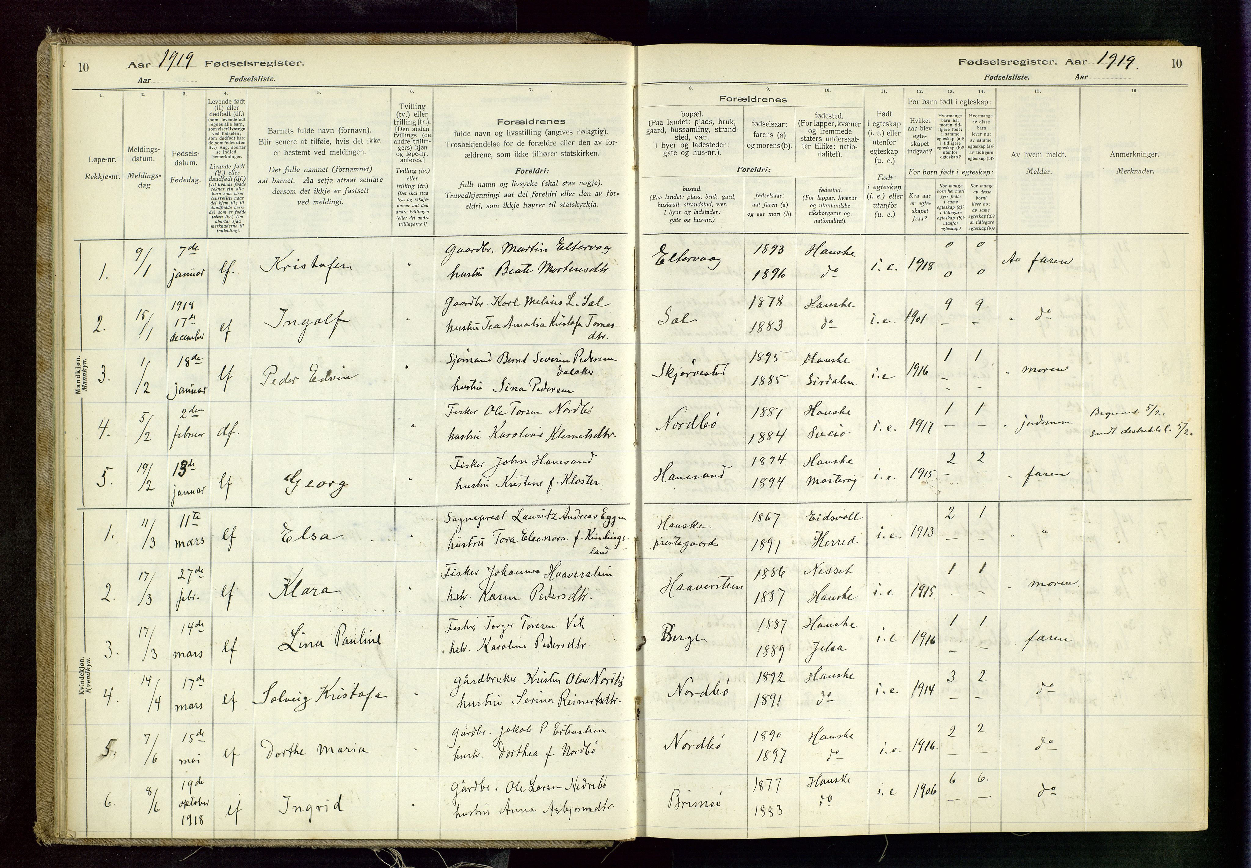 Rennesøy sokneprestkontor, AV/SAST-A -101827/I/Id/L0001: Birth register no. 1, 1916-1982, p. 10