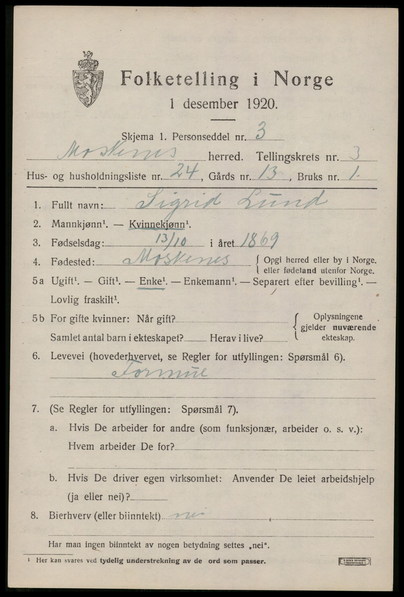 SAT, 1920 census for Moskenes, 1920, p. 1988