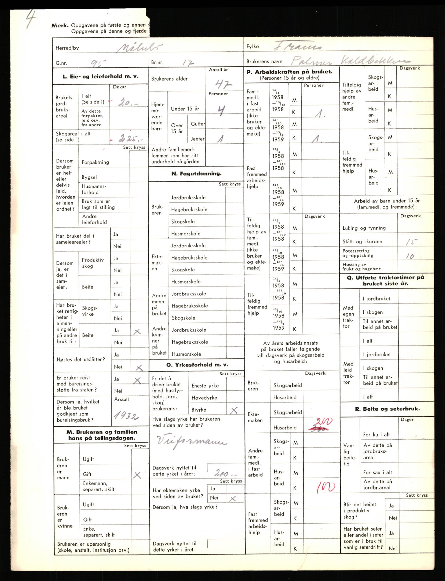 Statistisk sentralbyrå, Næringsøkonomiske emner, Jordbruk, skogbruk, jakt, fiske og fangst, AV/RA-S-2234/G/Gd/L0656: Troms: 1924 Målselv (kl. 0-3) og 1925 Sørreisa, 1959, p. 299