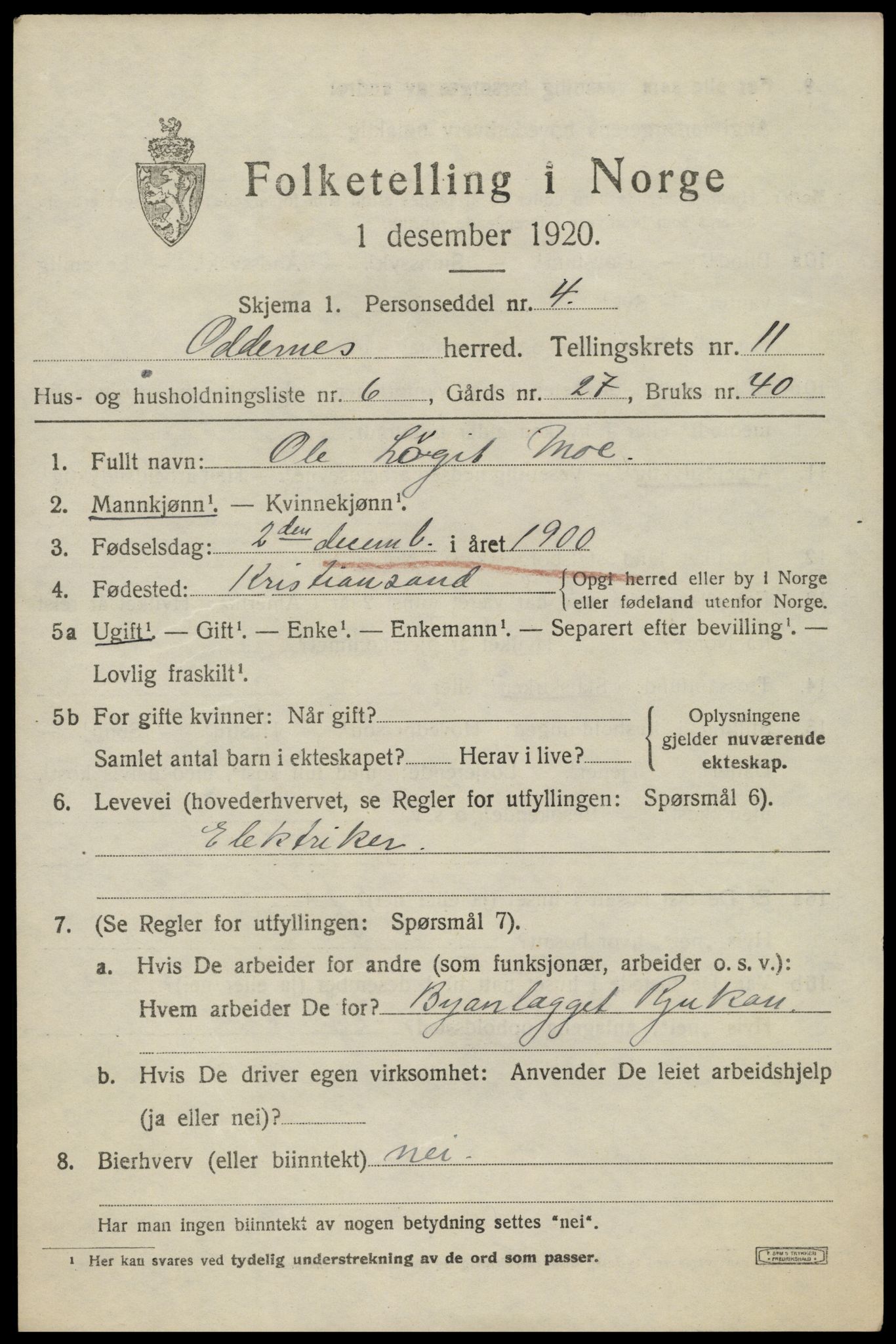 SAK, 1920 census for Oddernes, 1920, p. 7111