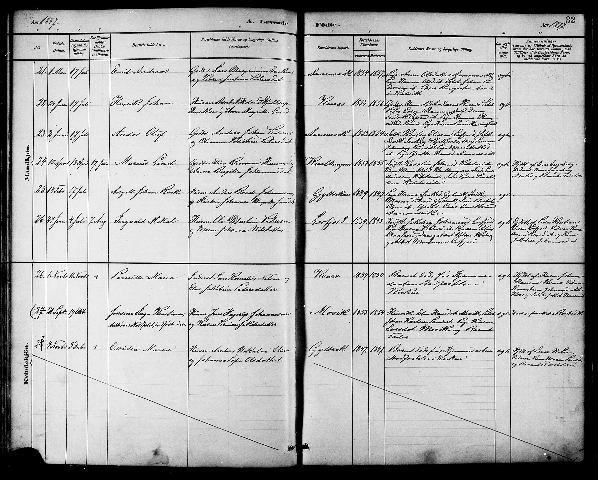 Ministerialprotokoller, klokkerbøker og fødselsregistre - Nordland, AV/SAT-A-1459/854/L0777: Parish register (official) no. 854A01 /1, 1883-1891, p. 32