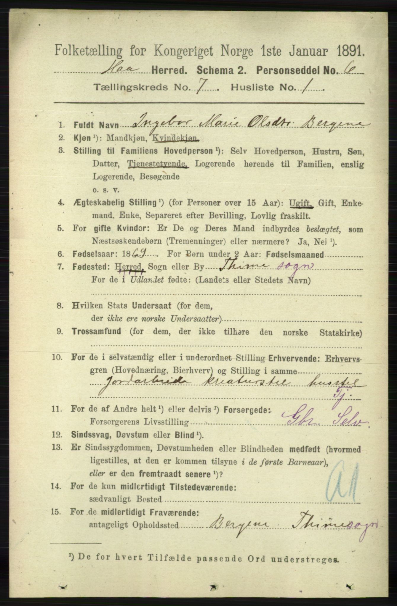 RA, 1891 census for 1119 Hå, 1891, p. 1919