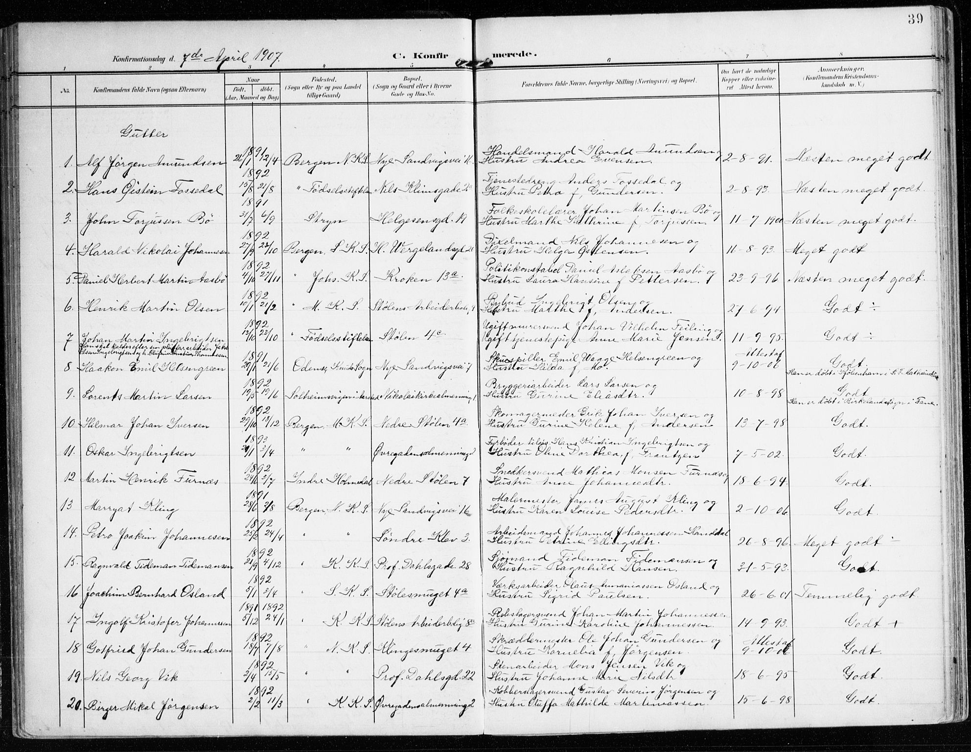 Mariakirken Sokneprestembete, SAB/A-76901/H/Haa/L0014: Parish register (official) no. C 2, 1900-1916, p. 39