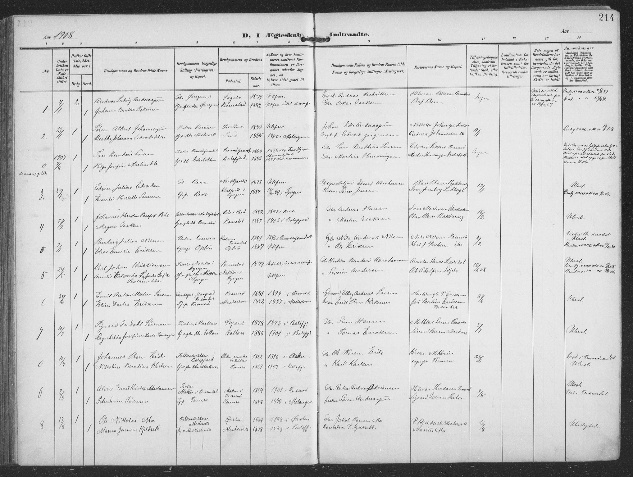 Balsfjord sokneprestembete, AV/SATØ-S-1303/G/Ga/L0009klokker: Parish register (copy) no. 9, 1906-1920, p. 214