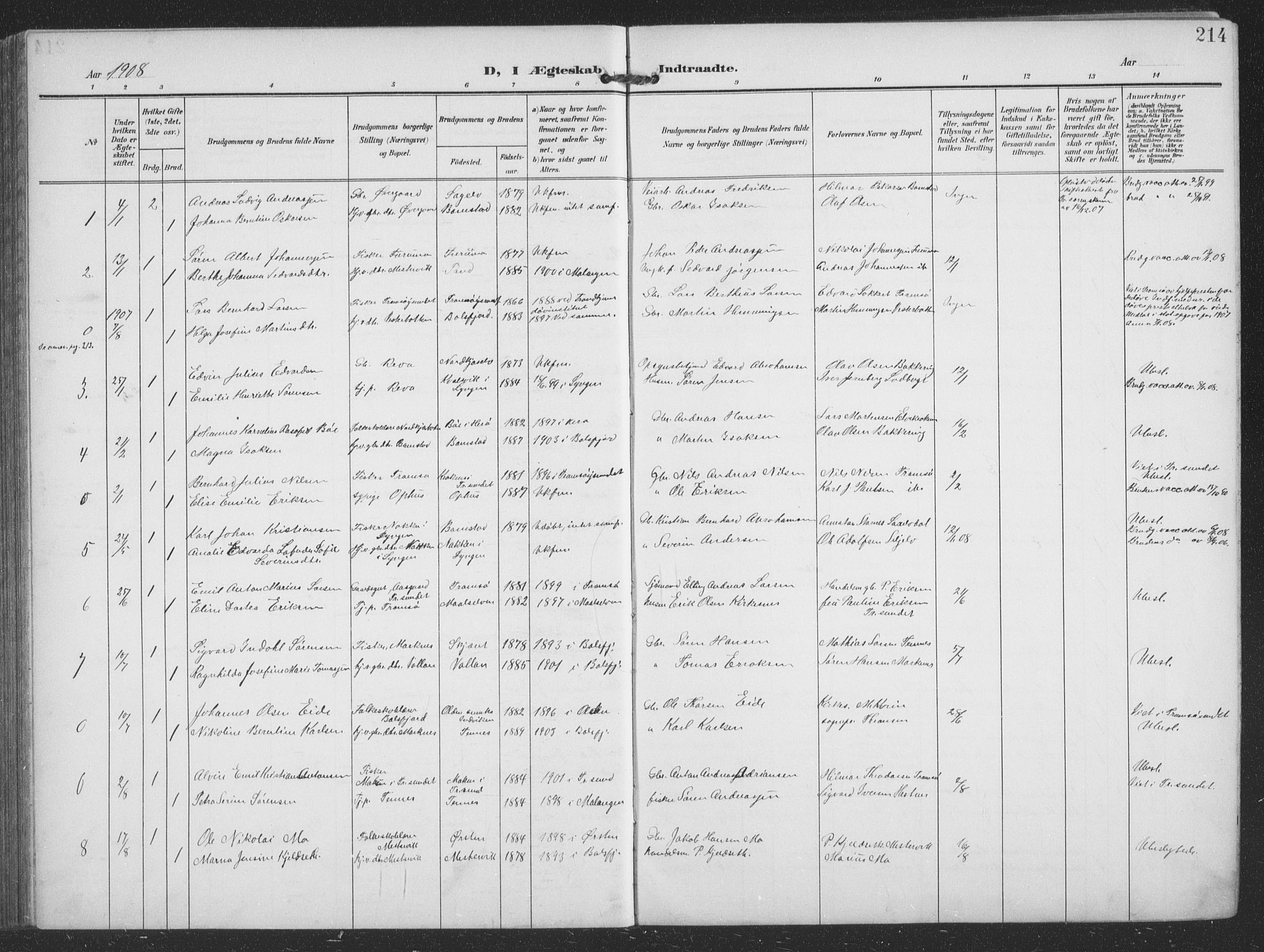 Balsfjord sokneprestembete, SATØ/S-1303/G/Ga/L0009klokker: Parish register (copy) no. 9, 1906-1920, p. 214