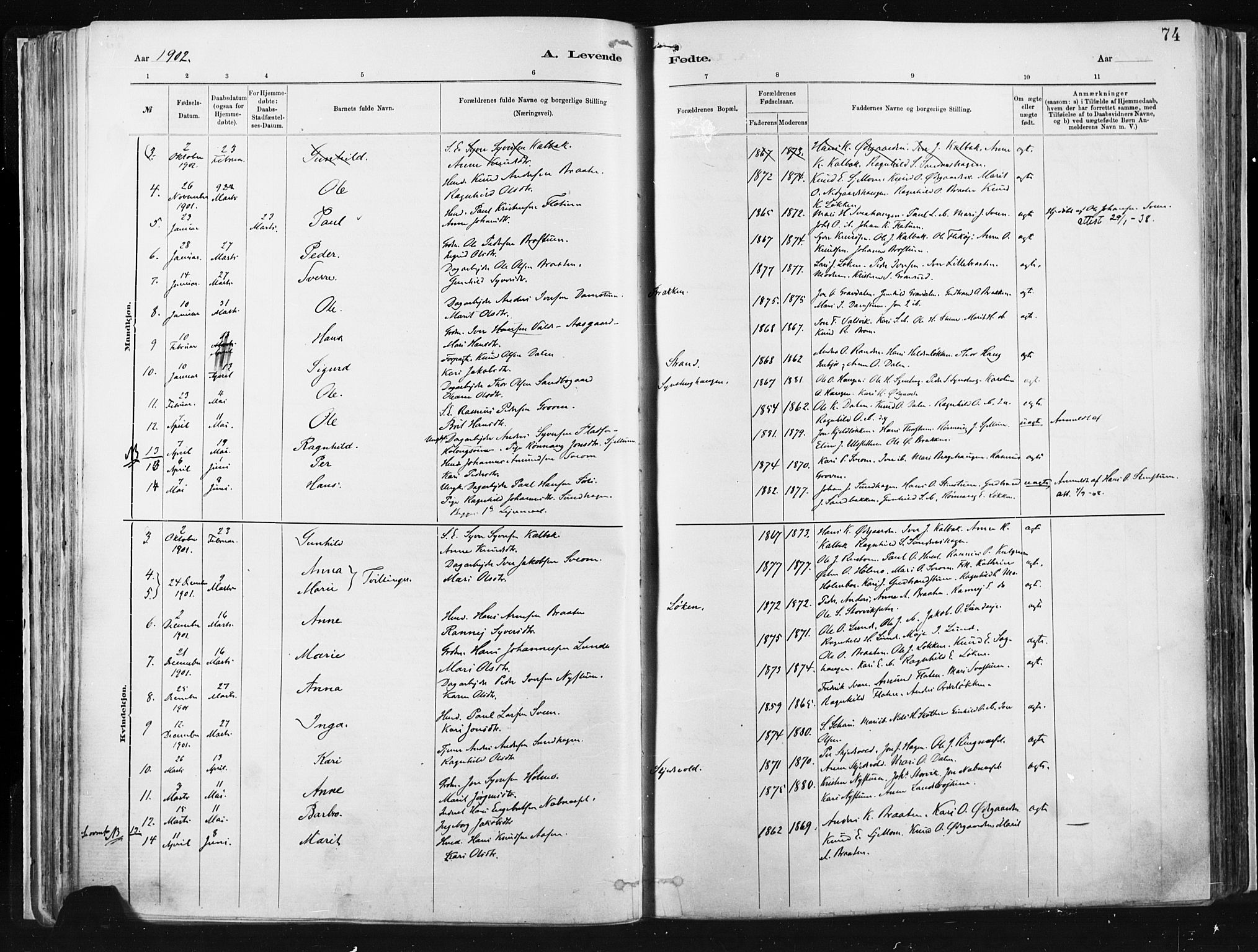 Vågå prestekontor, AV/SAH-PREST-076/H/Ha/Haa/L0009: Parish register (official) no. 9, 1886-1904, p. 74