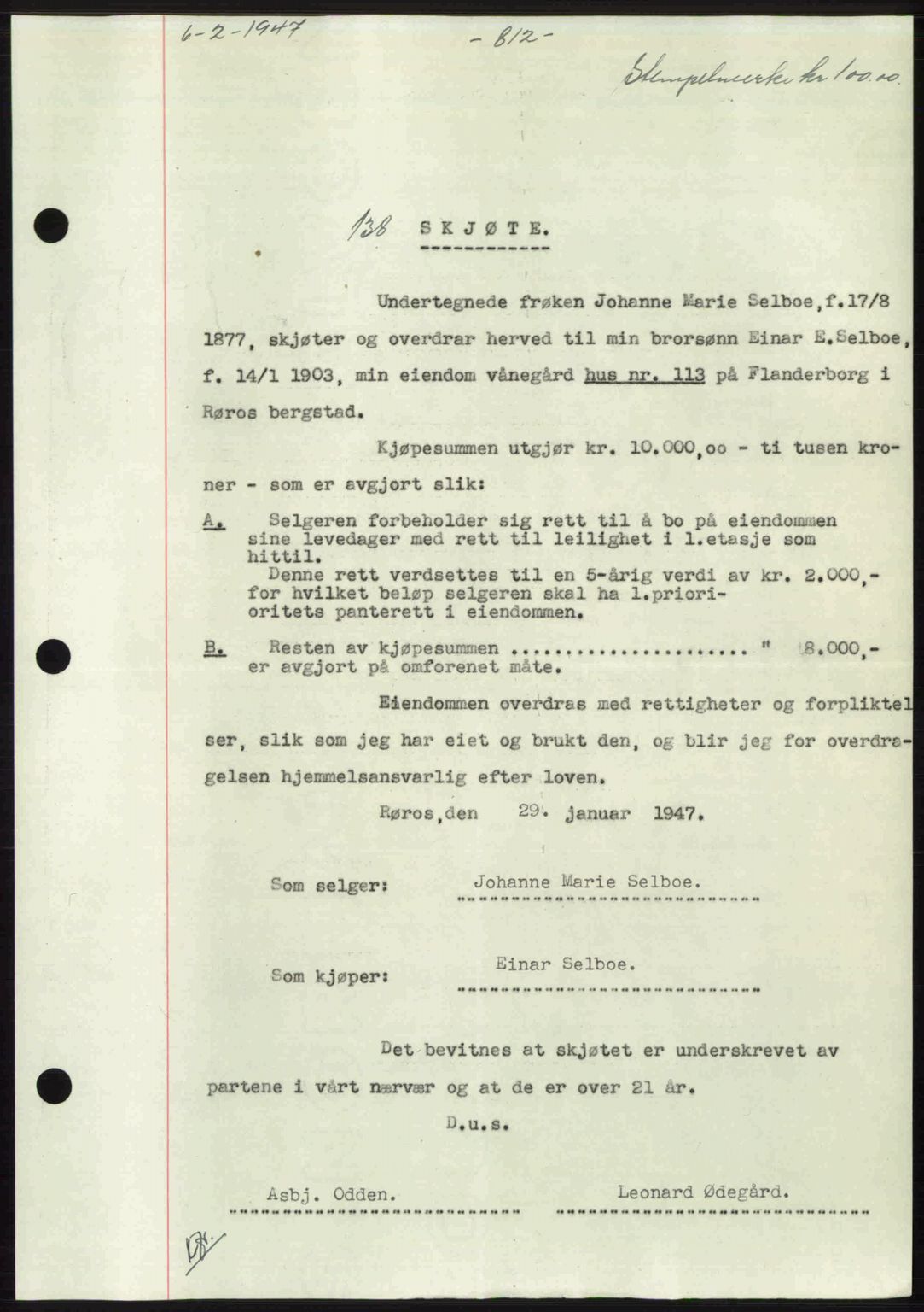 Gauldal sorenskriveri, SAT/A-0014/1/2/2C: Mortgage book no. A3, 1947-1947, Diary no: : 138/1947