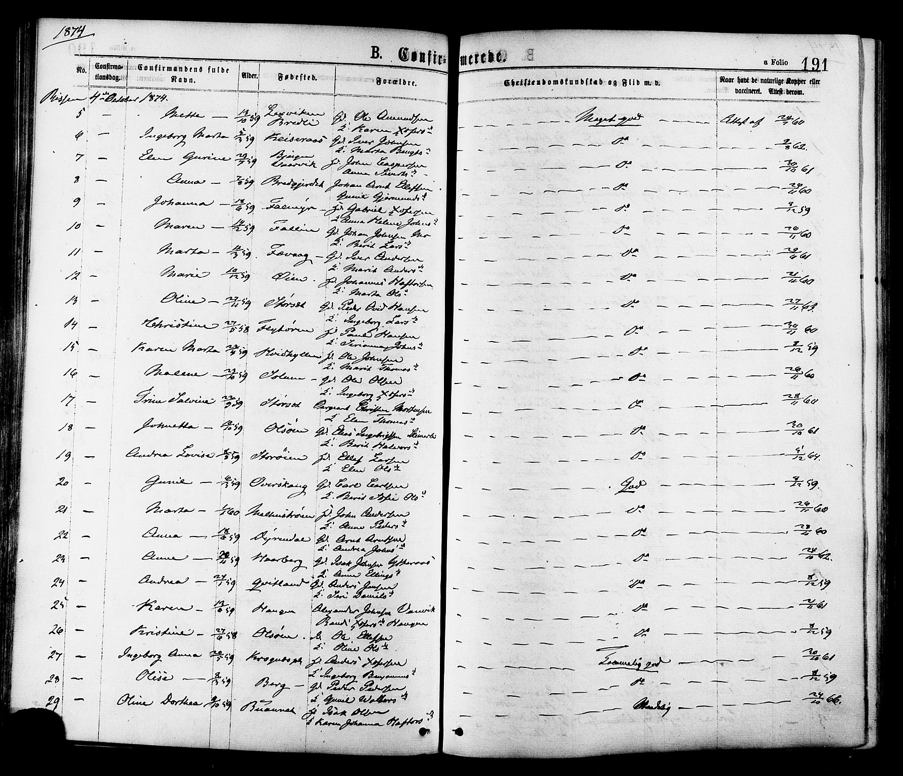 Ministerialprotokoller, klokkerbøker og fødselsregistre - Sør-Trøndelag, SAT/A-1456/646/L0613: Parish register (official) no. 646A11, 1870-1884, p. 191