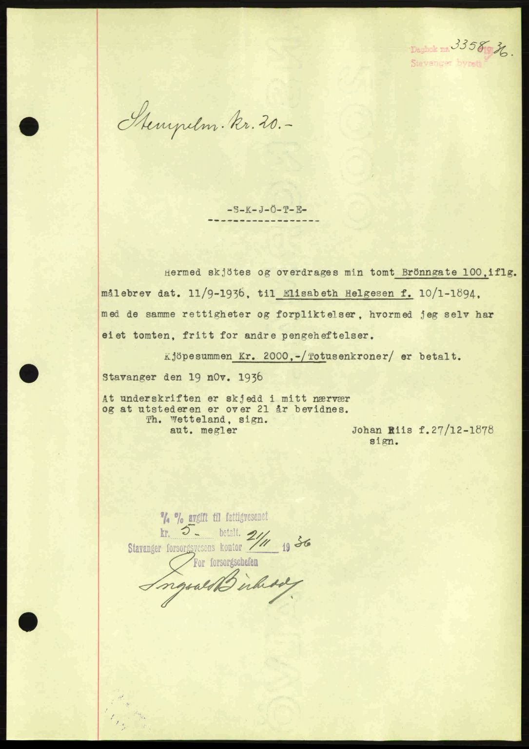 Stavanger byrett, AV/SAST-A-100455/002/G/Gb/L0012: Mortgage book no. A2, 1936-1937, Diary no: : 3358/1936