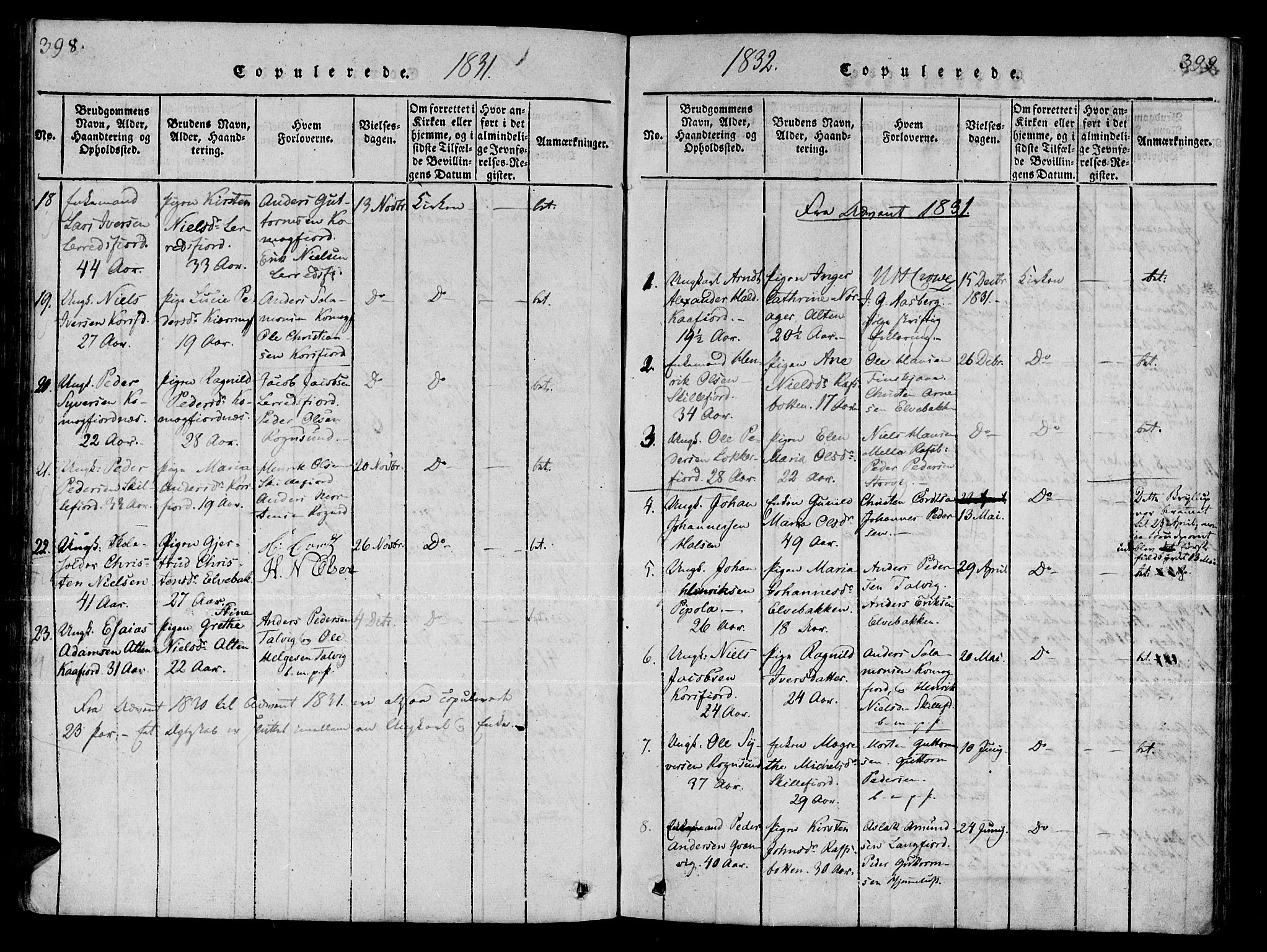 Talvik sokneprestkontor, SATØ/S-1337/H/Ha/L0008kirke: Parish register (official) no. 8, 1821-1837, p. 398-399