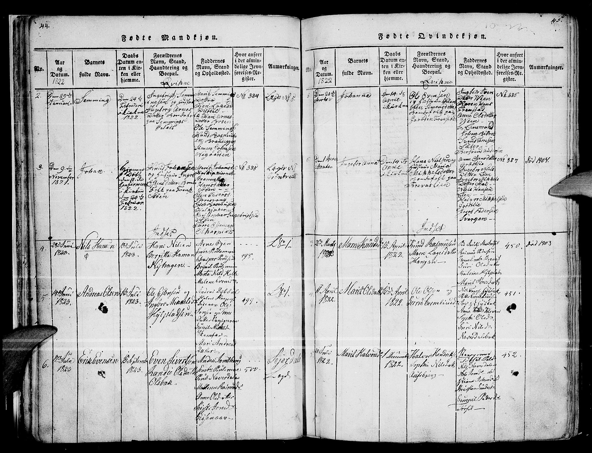 Kvikne prestekontor, SAH/PREST-064/H/Ha/Haa/L0004: Parish register (official) no. 4, 1815-1840, p. 44-45