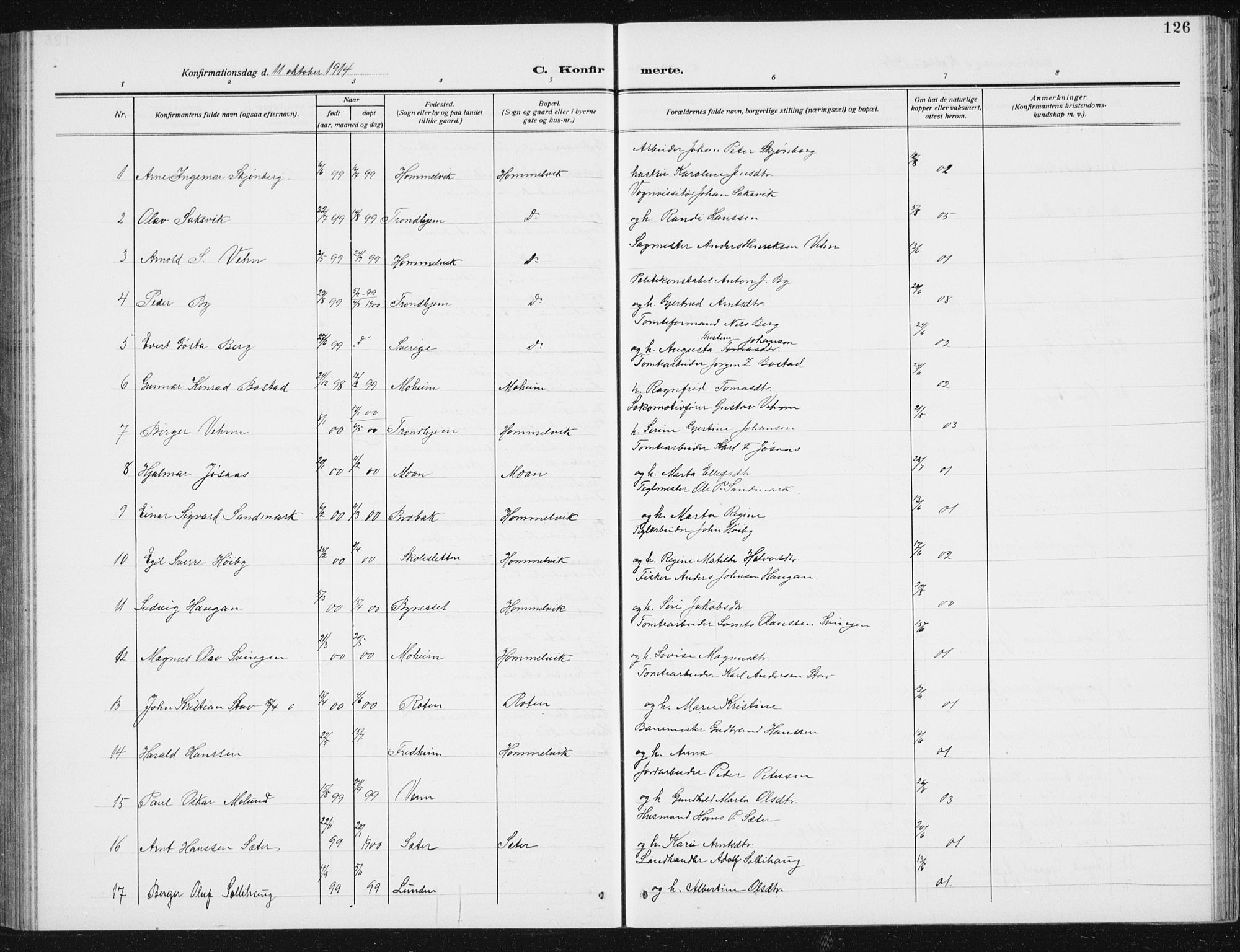 Ministerialprotokoller, klokkerbøker og fødselsregistre - Sør-Trøndelag, SAT/A-1456/617/L0431: Parish register (copy) no. 617C02, 1910-1936, p. 126