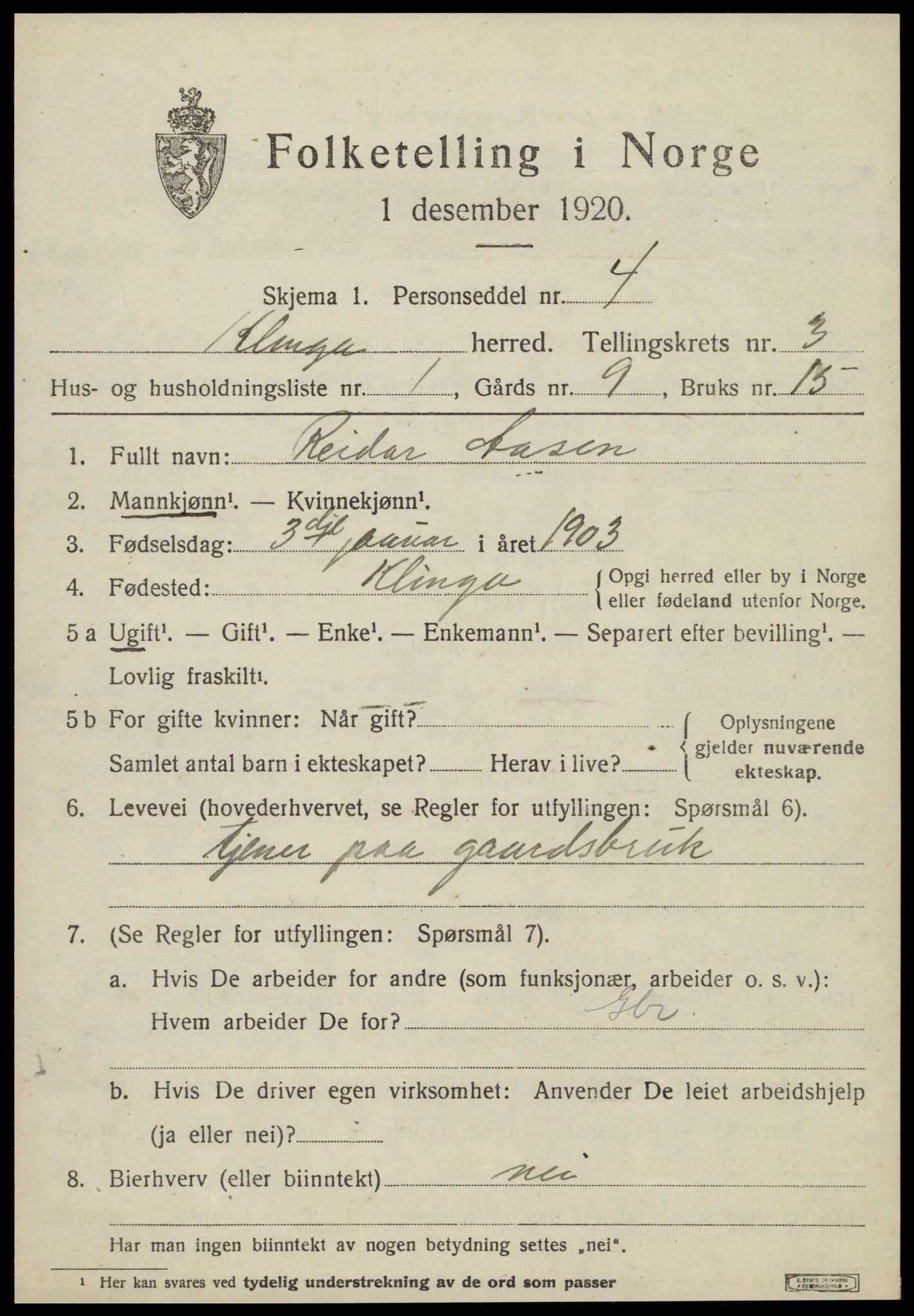 SAT, 1920 census for Klinga, 1920, p. 2075