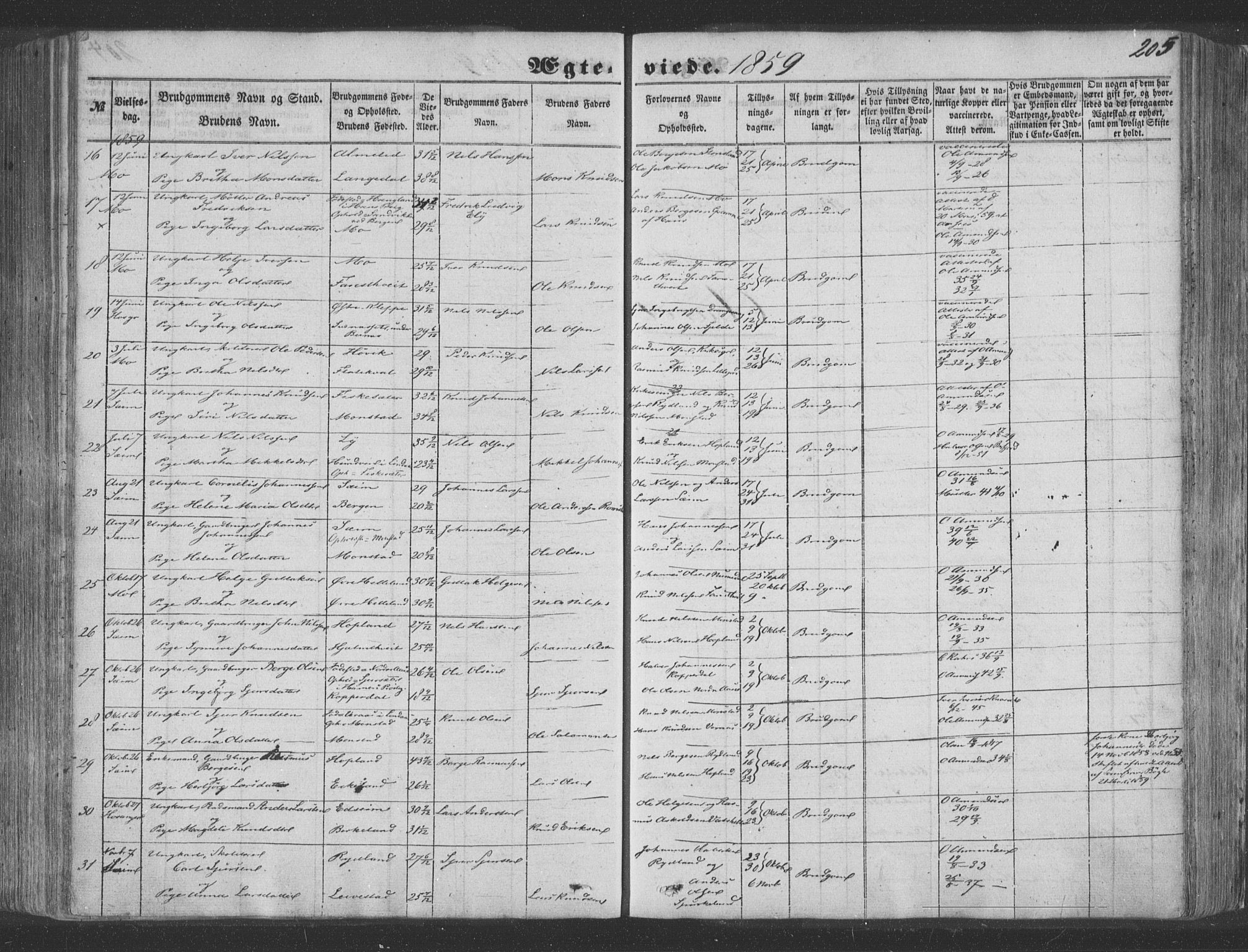 Hosanger sokneprestembete, AV/SAB-A-75801/H/Haa: Parish register (official) no. A 8, 1849-1863, p. 205