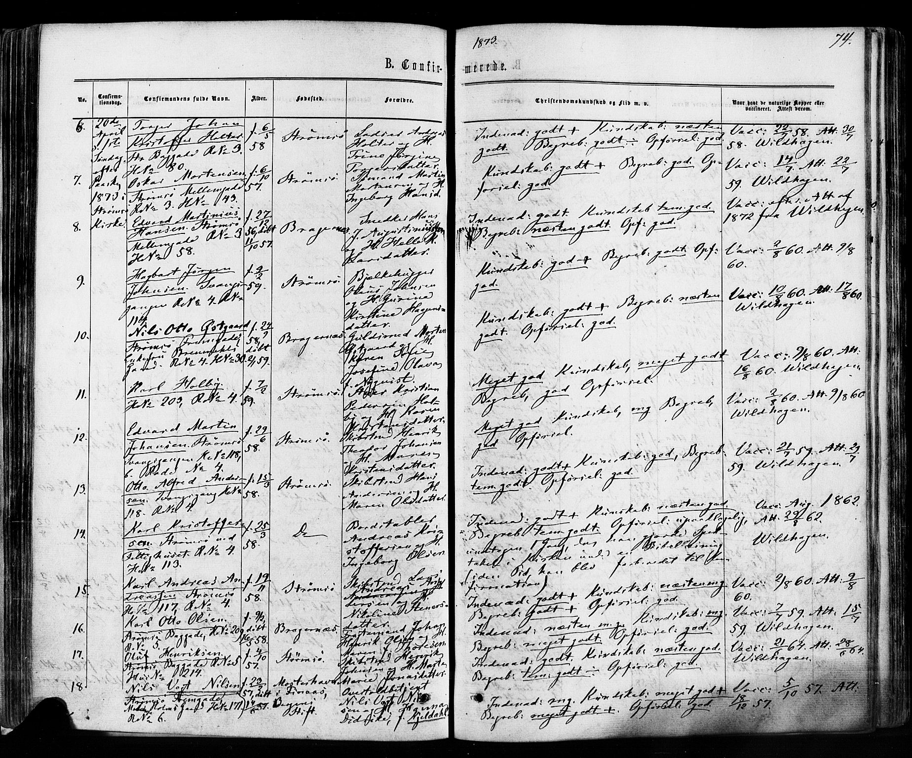 Strømsø kirkebøker, AV/SAKO-A-246/F/Fa/L0018: Parish register (official) no. I 18, 1865-1878, p. 74