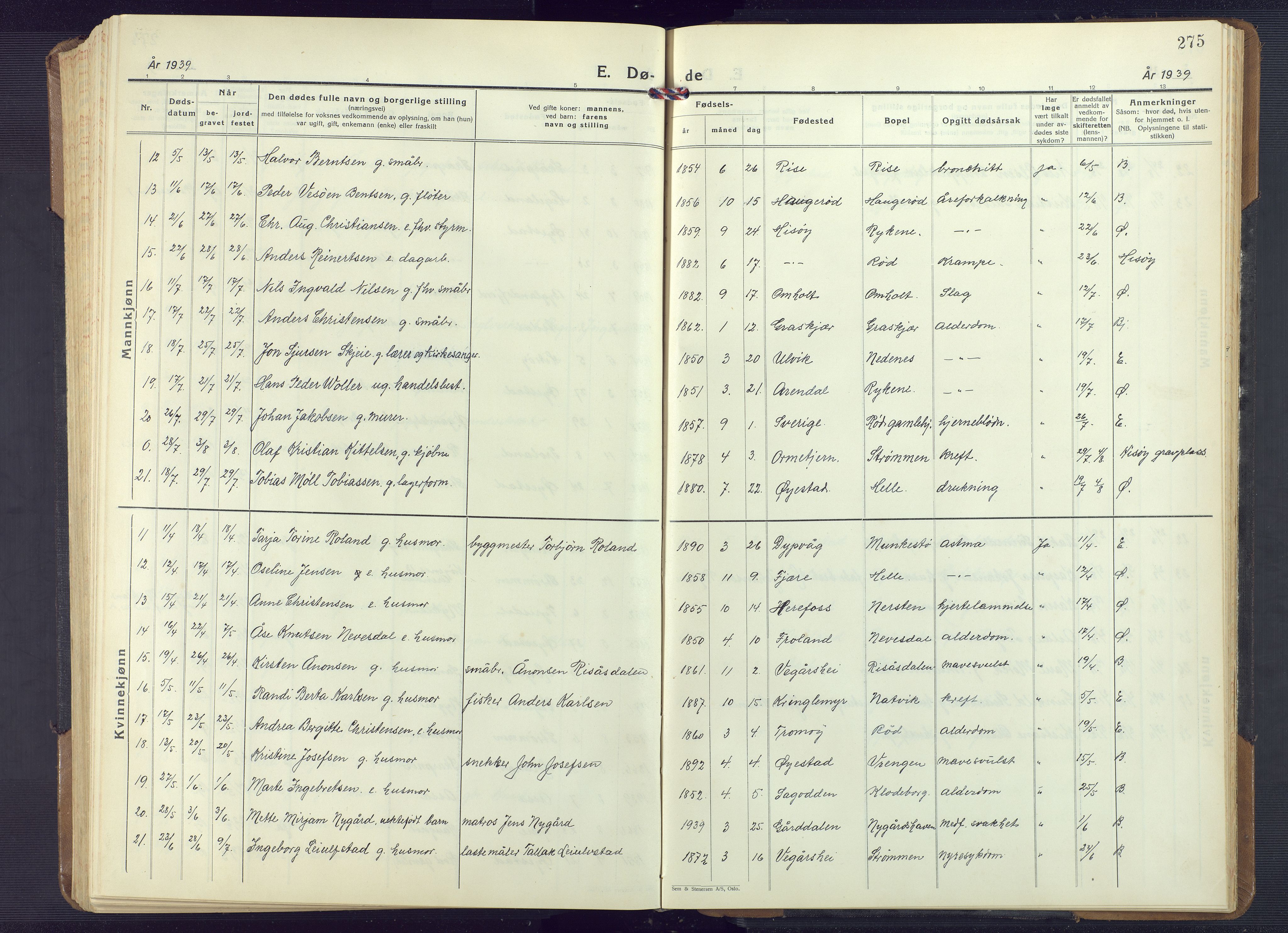 Øyestad sokneprestkontor, SAK/1111-0049/F/Fb/L0013: Parish register (copy) no. B 13, 1933-1945, p. 275