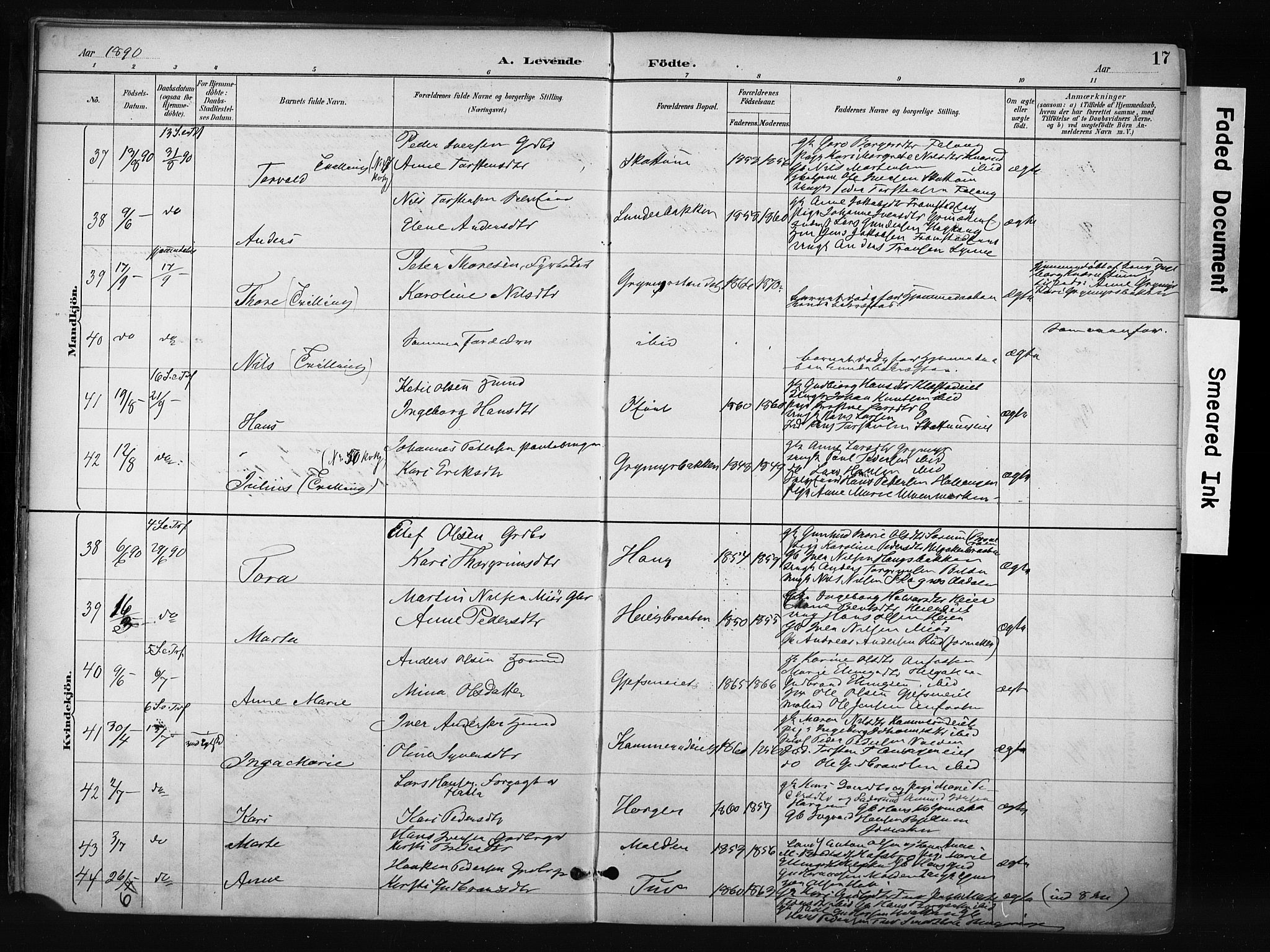 Gran prestekontor, AV/SAH-PREST-112/H/Ha/Haa/L0017: Parish register (official) no. 17, 1889-1897, p. 17