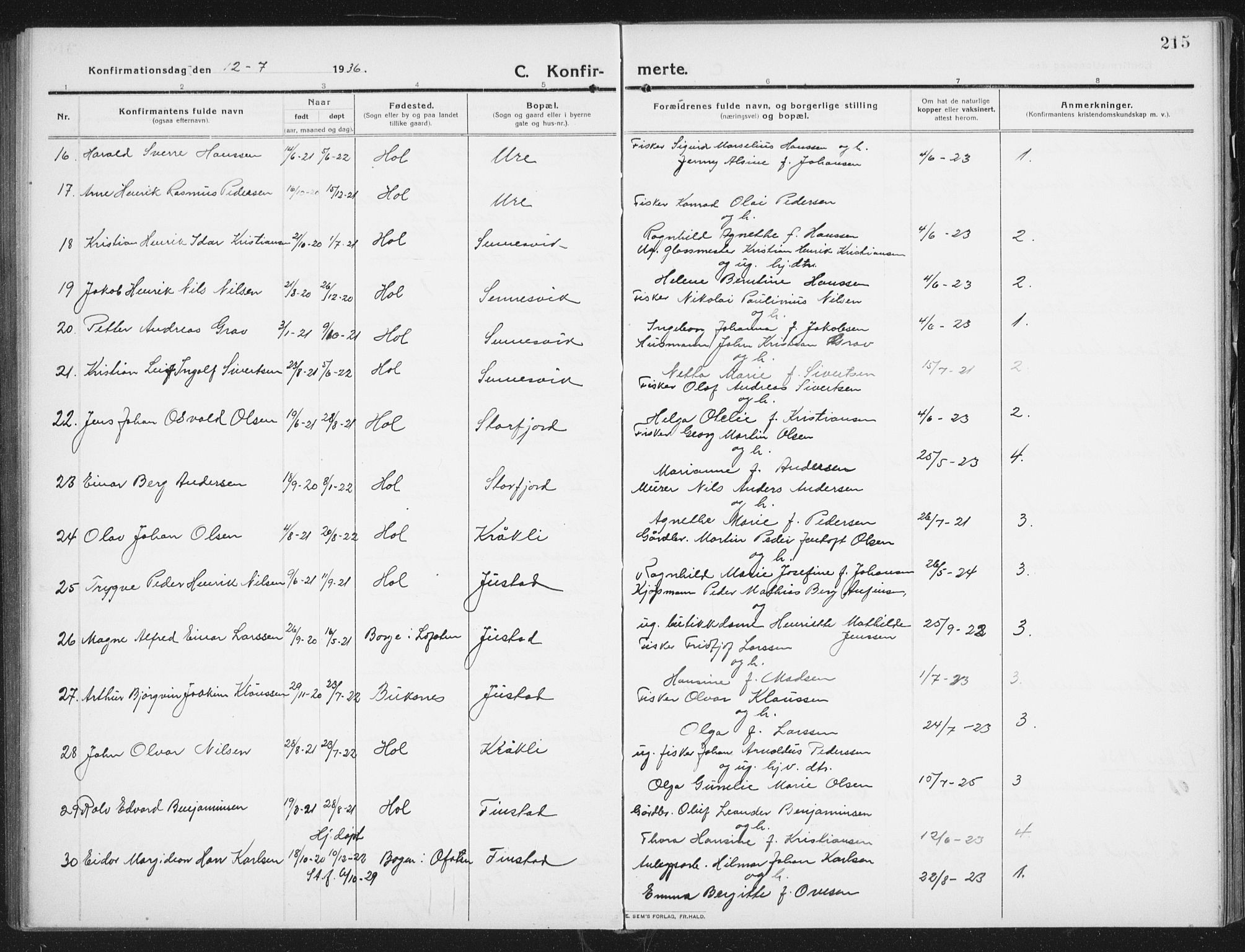 Ministerialprotokoller, klokkerbøker og fødselsregistre - Nordland, SAT/A-1459/882/L1183: Parish register (copy) no. 882C01, 1911-1938, p. 215