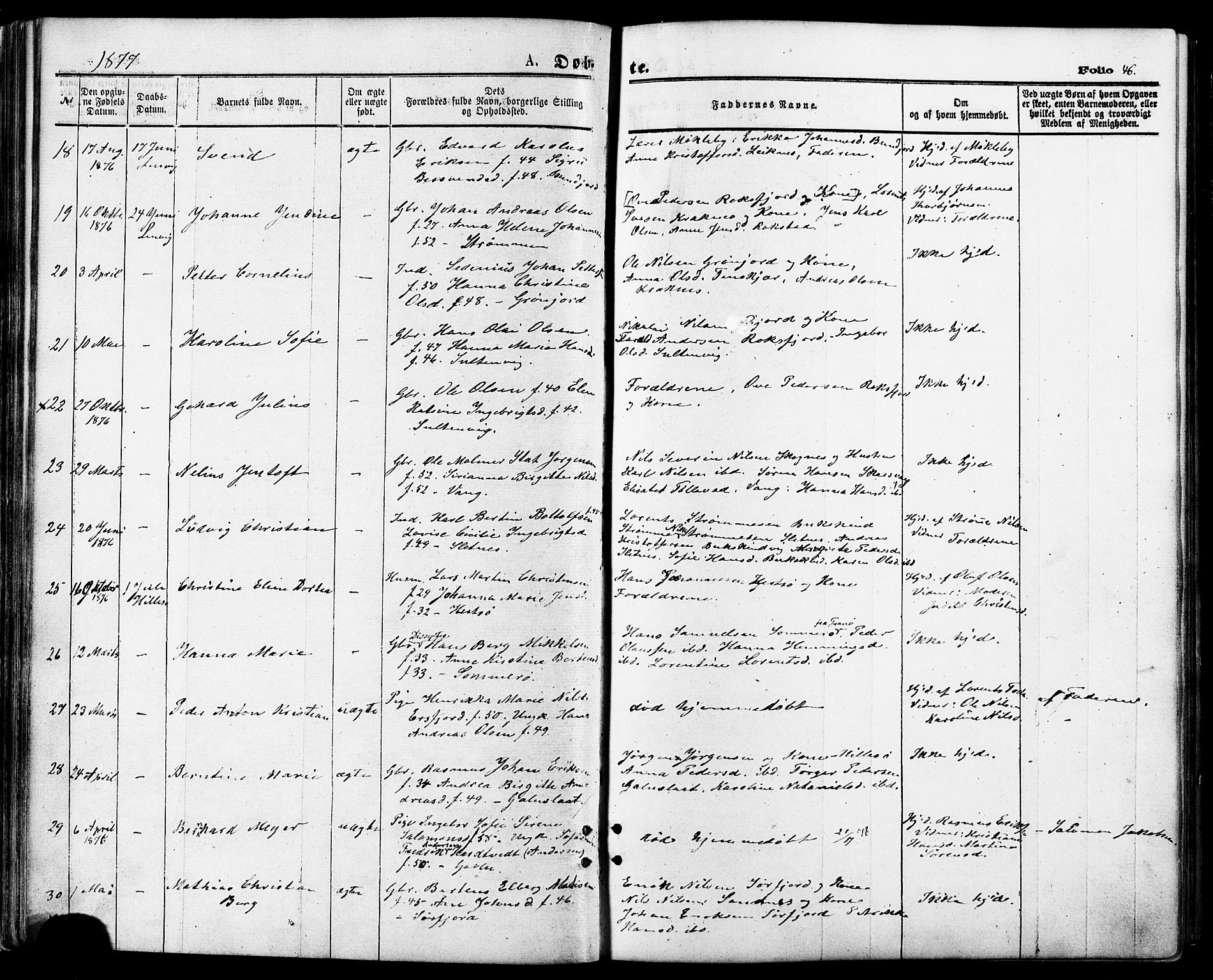 Lenvik sokneprestembete, AV/SATØ-S-1310/H/Ha/Haa/L0010kirke: Parish register (official) no. 10, 1873-1880, p. 46