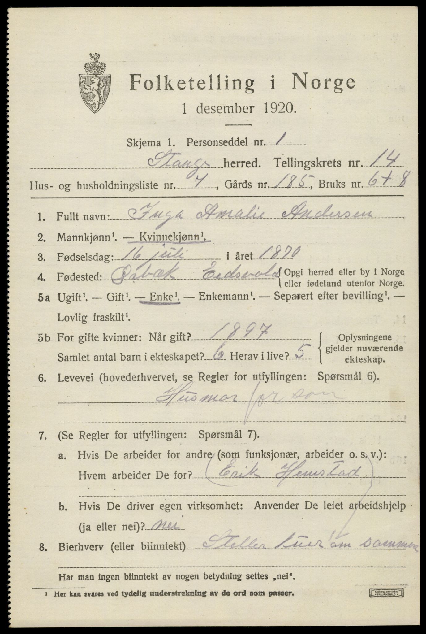 SAH, 1920 census for Stange, 1920, p. 19811